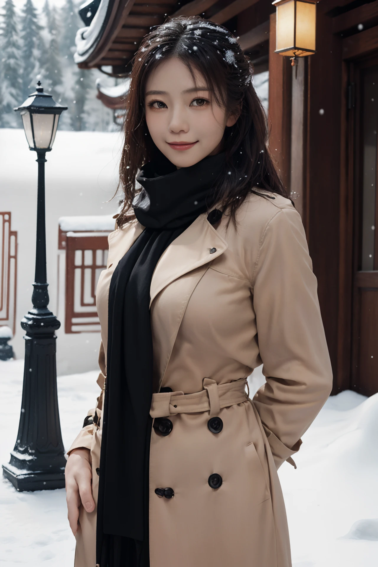 (4k, best quality, highres, absurdres, masterpiece:1.21), (realistic:1.331), detailed and intricate, 
cinema light, (authentic skin texture:1.3), 
1girl, perfect body, medium breasts, shiny skin, 
light smile, arms behind back, 
scarf, trench_coat, 
chinese style architecture, snowing, snowflakes, winter, lamp, 
<lora:add_detail:0.3>, <lora:girlslike_gyy:0.8>