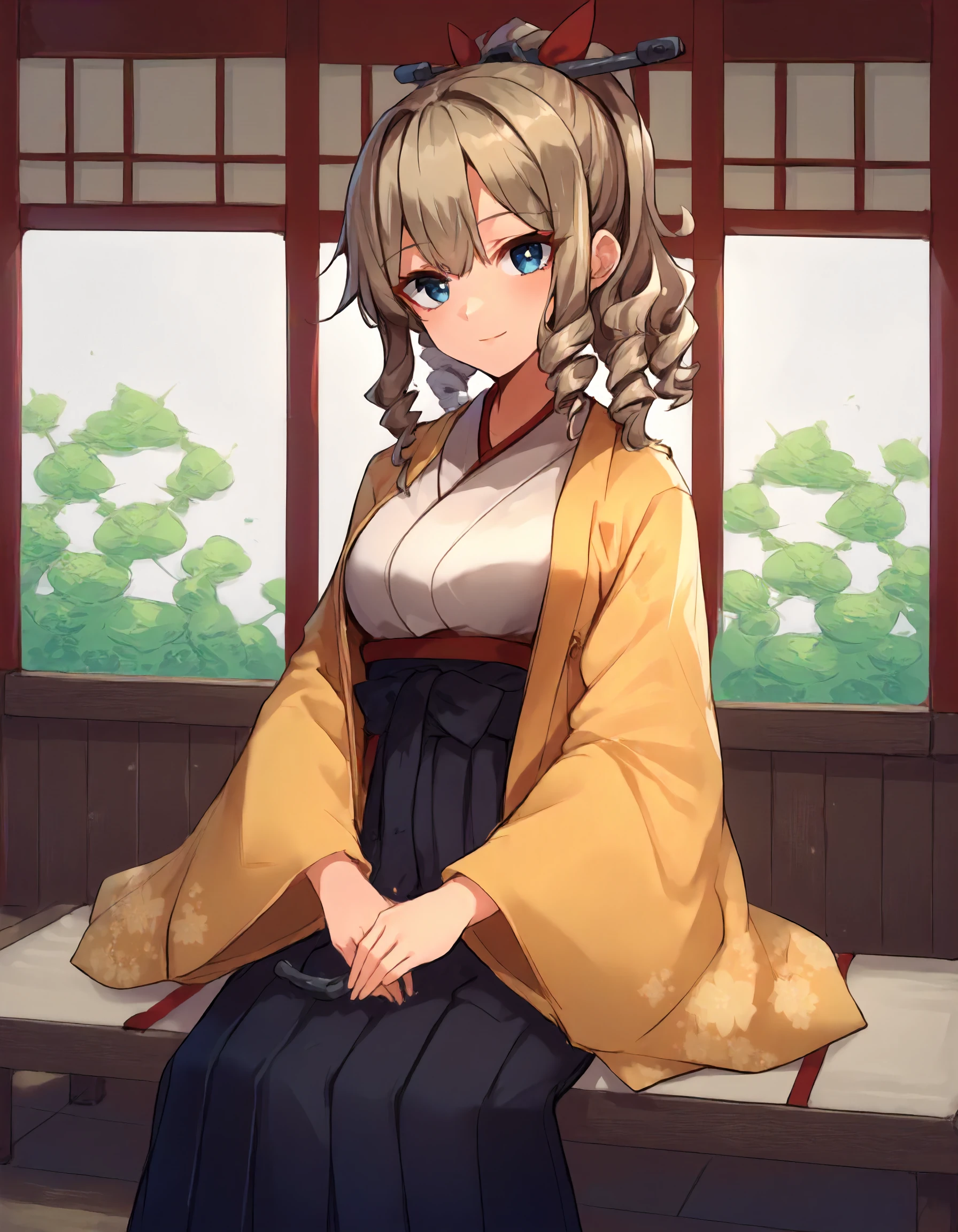 score_9,score_8_up,score_7_up,source_anime,
1girl,solo,looking at viewer,sitting,dormitory,indoors,(smile:0.4),
<lora:hatakaze_ponyXLV6:0.8>,kchtkz,light brown hair,
ponytail,drill hair,blue eyes,
hair ornament,red bow,
japanese clothes,white kimono,yellow haori,black hakama skirt,
<lora:SmoothAnimeStyle:1>