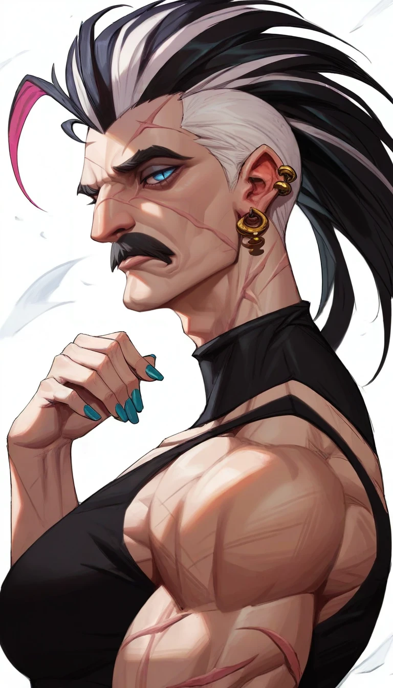 zPDXL, score_9, score_8_up, score_7_up, score_6_up, score_5_up, score_4_up, 1girl, bare shoulders, black hair, black shirt, black tank top, blue eyes, blunt bangs, closed mouth, collared shirt, cowboy shot, earrings, from side, hand up, jewelry, large breasts, long hair, long sleeves, looking at viewer, makeup, male focus, multicolored hair, multicolored jacket, muscular male, mustache, nail polish, neck tattoo, official alternate costume, pectoral cleavage, piercing, scar on face, shirt, simple background, slit pupils, solo, tank top, thick eyebrows, turtleneck, upper body, white background, white hair, <lora:byeongju:1>