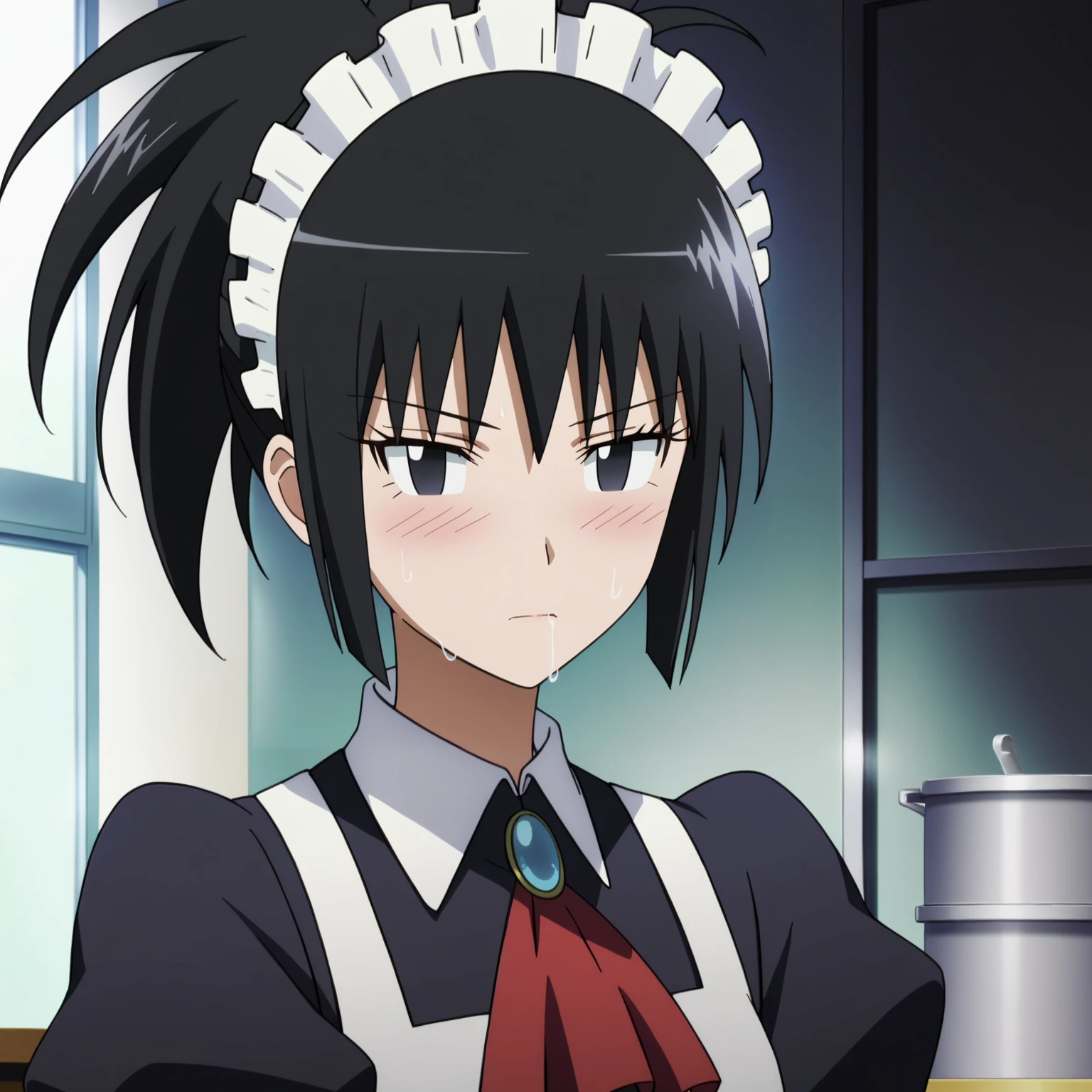 <lora:SayakaDejimaXLpony002>,
blush,sweat,(salivation:1.5),looking at viewer,close-up,
solo,
SayakaDejima,1girl,black hair,ponytail,black eyes,
maid_headdress,long_dress,red ascot,long_sleeves,apron,