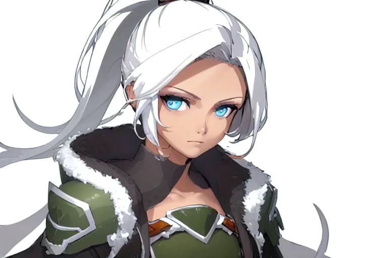 empty background, simple background, no effects, no effect, solo, 1girl, female, woman, girl, aran, maplestory, aran maplestory, white hair, ponytail hairstyle, dark skin, blue eyes, good quality, detailed, detailed eyes, detailed face, high quality, good hands, well-drawn, well drawn, masterpiece, gorgeous, good anatomy, medium breasts, easynegative