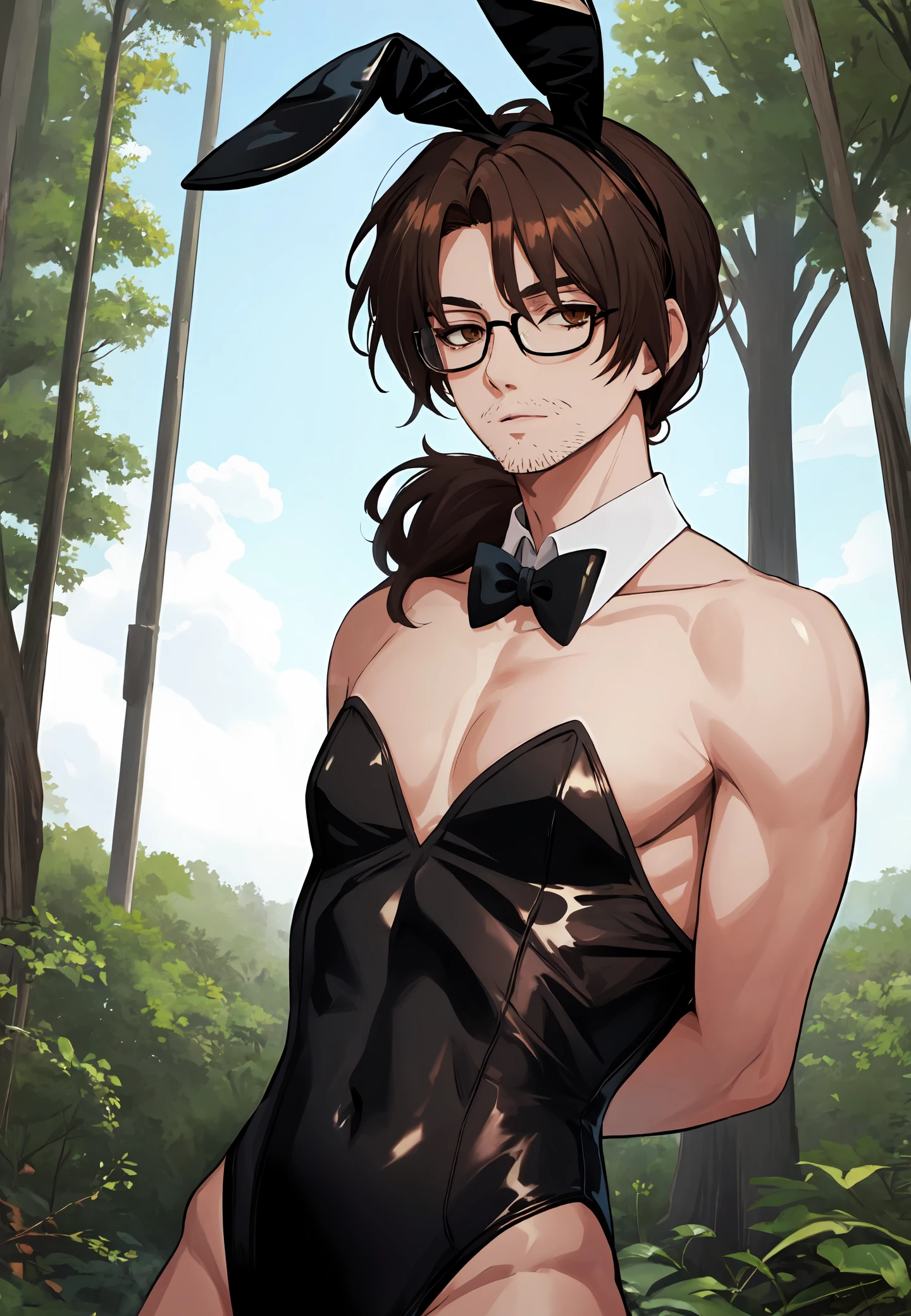 masterpiece, best quality, very aesthetic, ultra detailed, intricate details, 4k, anime style,
gregor, 1boy, solo, long hair, brown hair, brown eyes, ponytail, male focus, glasses, facial hair, stubble,
bunnyanime, animal ears, playboy bunny, rabbit ears, fake rabbit ears, fake animal ears, strapless, strapless leotard, detached collar, bare shoulders, bowtie, bow, wrist cuffs, rabbit tail, bunny tail,
upper body, looking at viewer, arms behind back, forest, outdoors, tree, sunlight, cloudy, <lora:Concept_Bunny:1>, <lora:Gregor:0.9>,