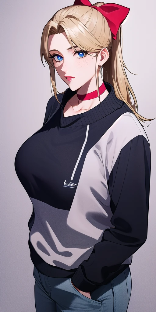 <lora:LucyMcMillanV3:1> lucy_mcmillan, half_updo_red_hair_bow, red_choker, huge_breasts, standing, solo, sweater, masterpiece, best_quality, detailed_face, detailed_eyes, highres, beautiful, detailed, absurdres,