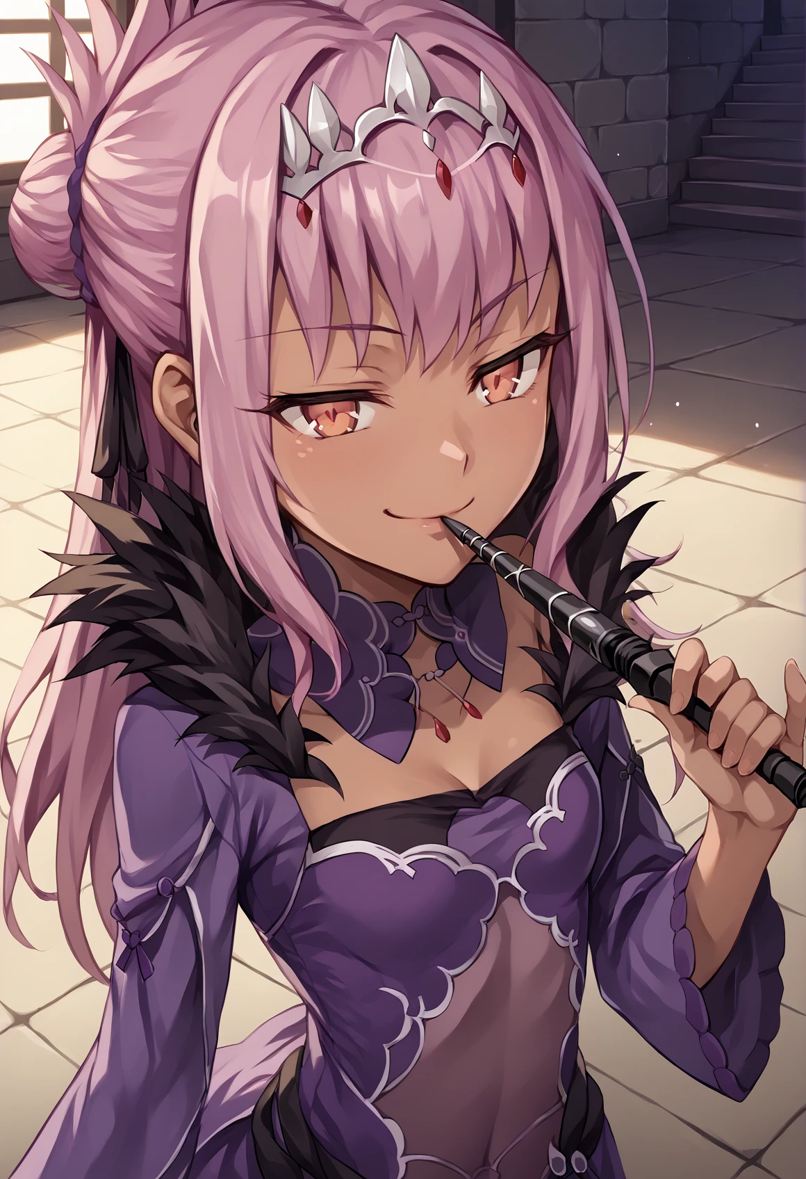 1girl, dark skin, pink hair, orange eyes, medium hair, single hair bun, topknot, purple dress, silver tiara, detached collar, bare shoulders, long sleeves, wide sleeves, cleavage, feather trim, pantyhose, holding wand, half-closed eyes, evil smile, indoors, castle, ice, from above, hand to mouth <lora:Scathach_Skadi_XL:1> <lora:Kuro_XL:1> small breasts, score_9, score_8_up, score_7_up, score_6_up, score_5_up, score_4_up, BREAK source_anime, masterpiece