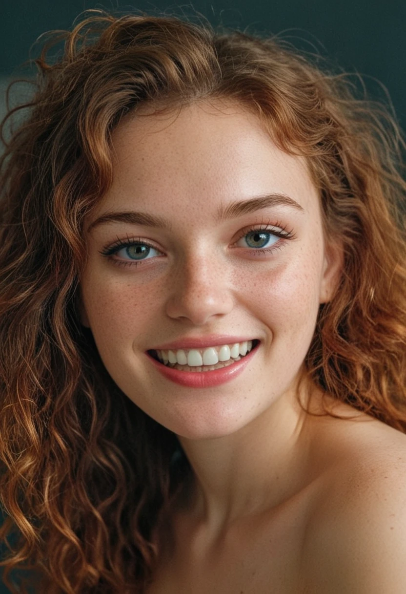 beautiful lady, (freckles), big smile, ruby eyes, long curly hair, dark makeup, hyperdetailed photography, soft light, head and shoulders portrait, cover