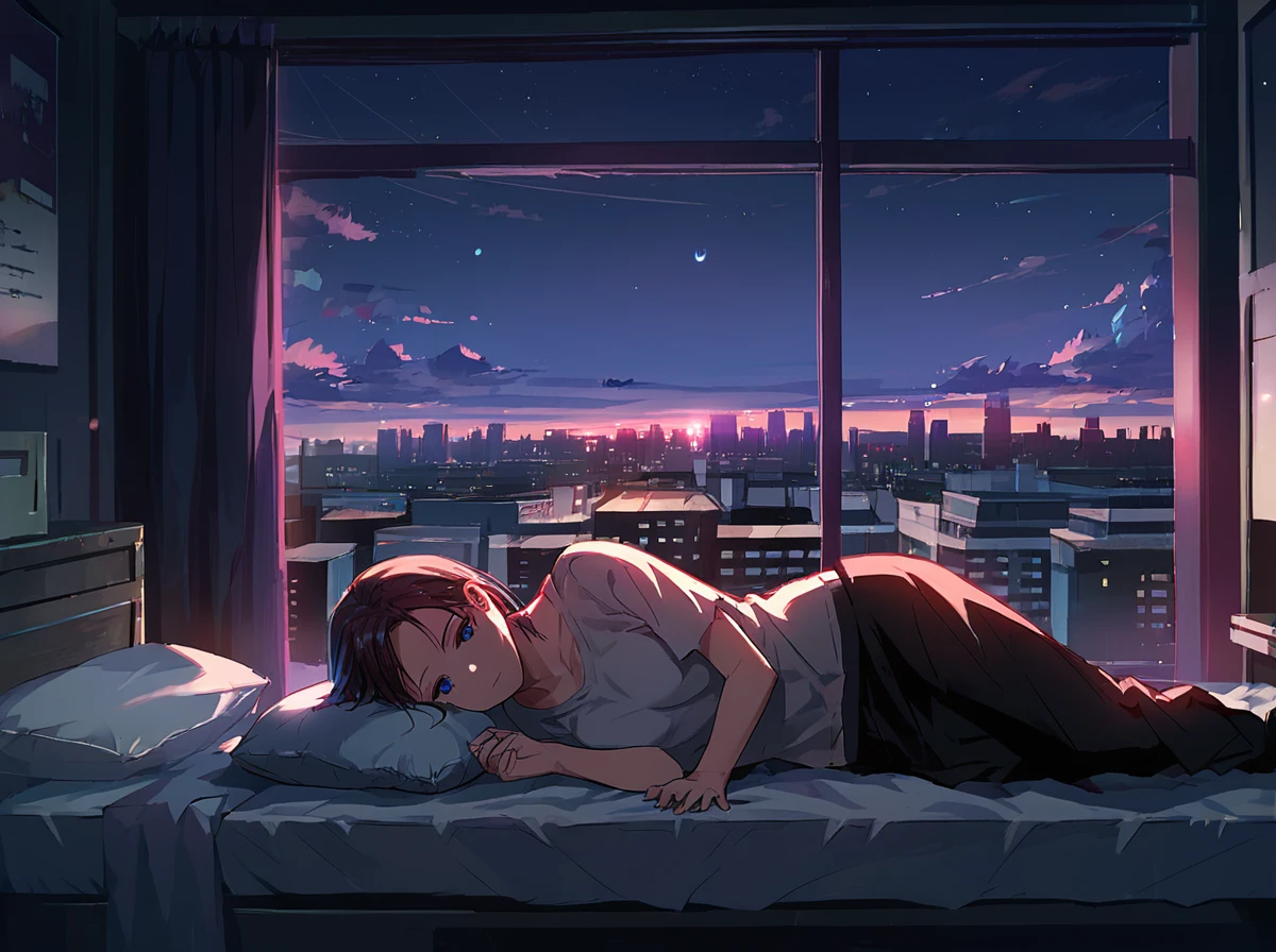 <lora:Aesthetics_Enhancer_pony:0.8>,score_9, score_8_up, score_7_up,BREAK 
EnhanceImage,low light, window, lying, scenery, indoors, 1girl, solo, building, sky, pillow, bed, city, on side, cityscape, night, on bed