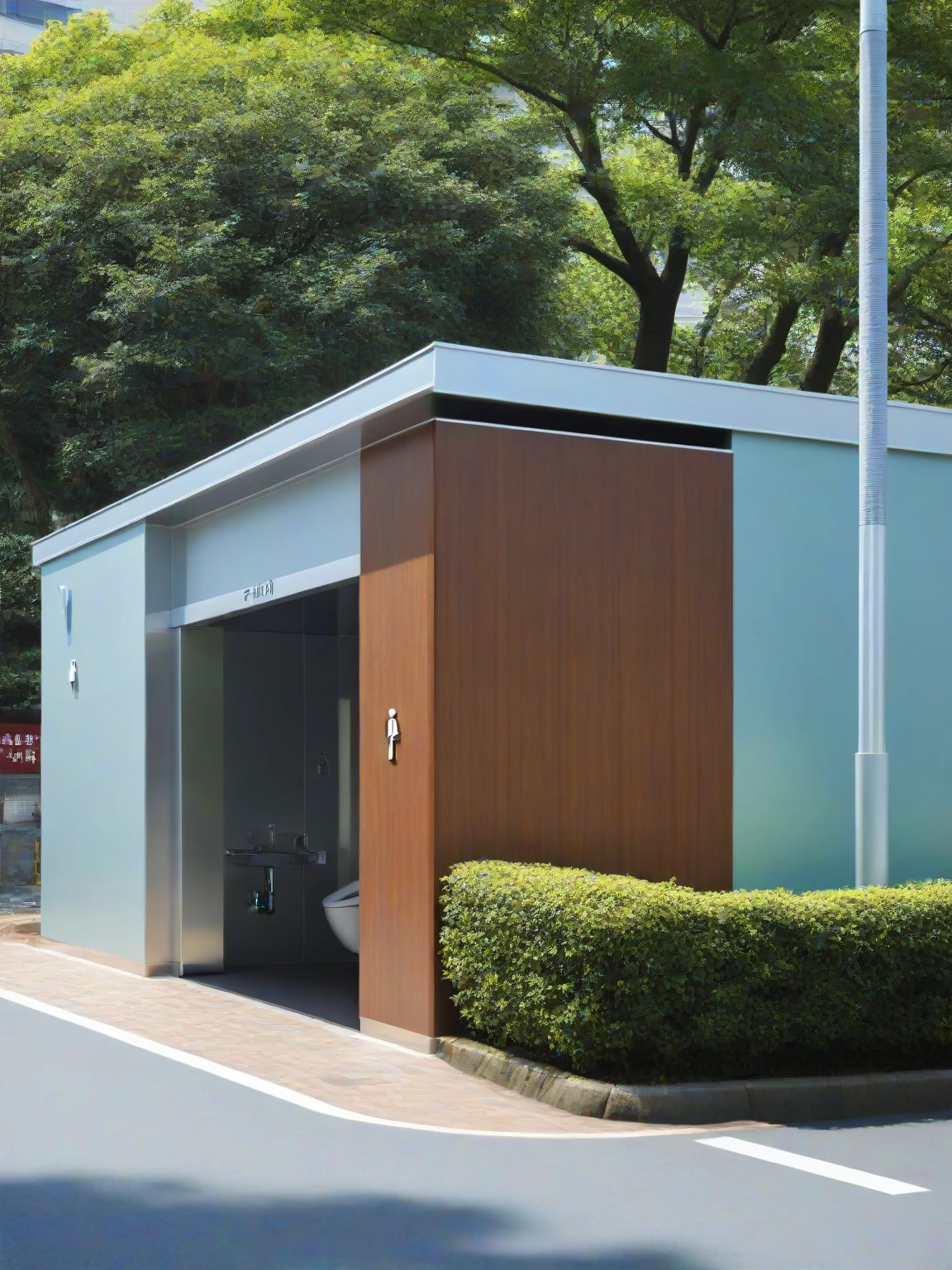 <lora:JJsPublicToilet_XL:1>, masterpiece , best quality, ((Public Toilet)), outdoors, sky, day, tree, blue sky, ground vehicle, building, scenery,wall, door, sign, city, car, road, lamppost, street, real world location, highly detailed,canopy, , reflection,
