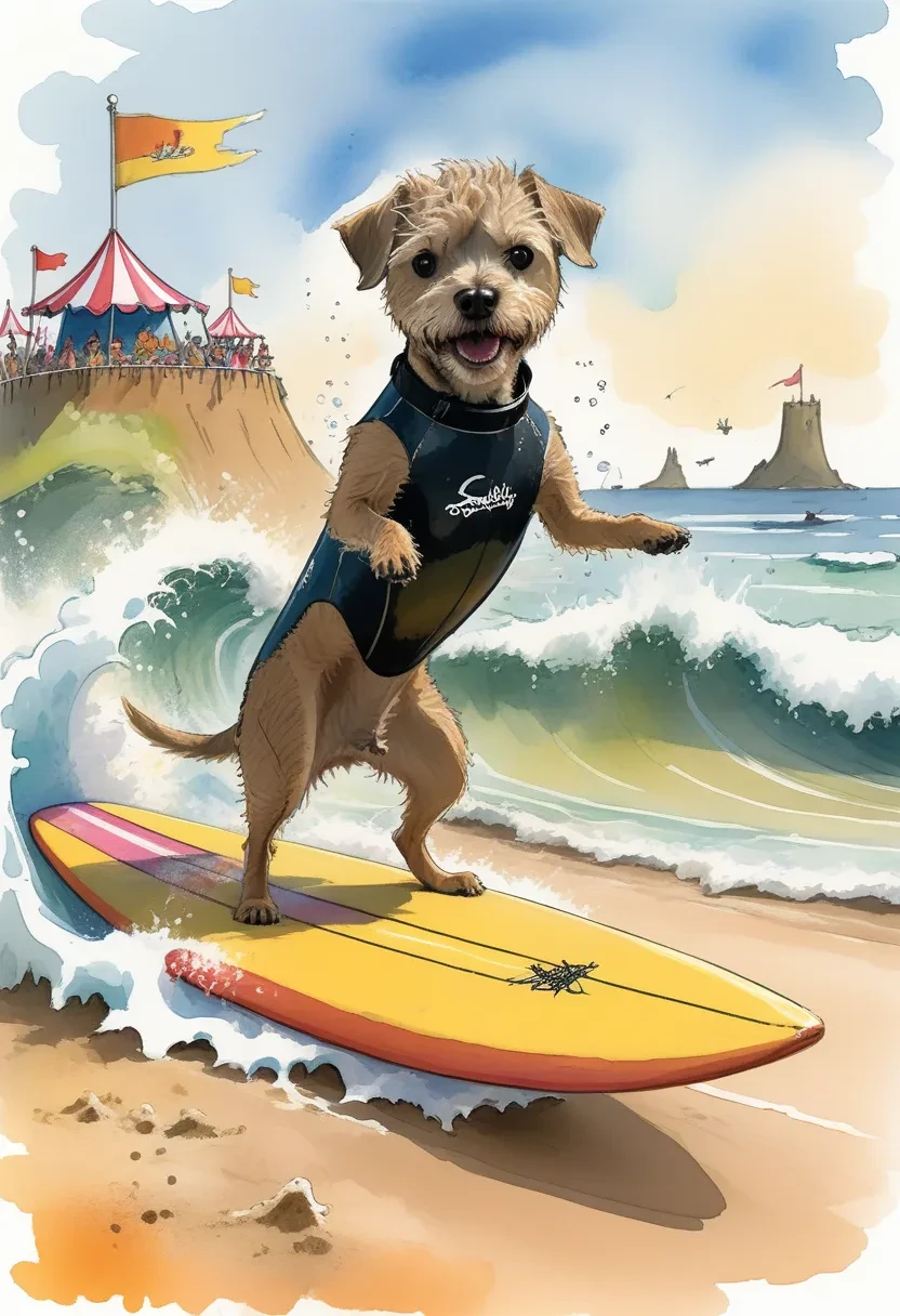 cartoon illustration of a Border Terrier, surfing atop a giant wave at a beach carnival, wearing a wet suit, sandcastle in the background, capturing the excitement and fun of a summer adventure, whimsical and colorful style, art by Quentin Blake <lora:Border_Terrier_Dog:1>