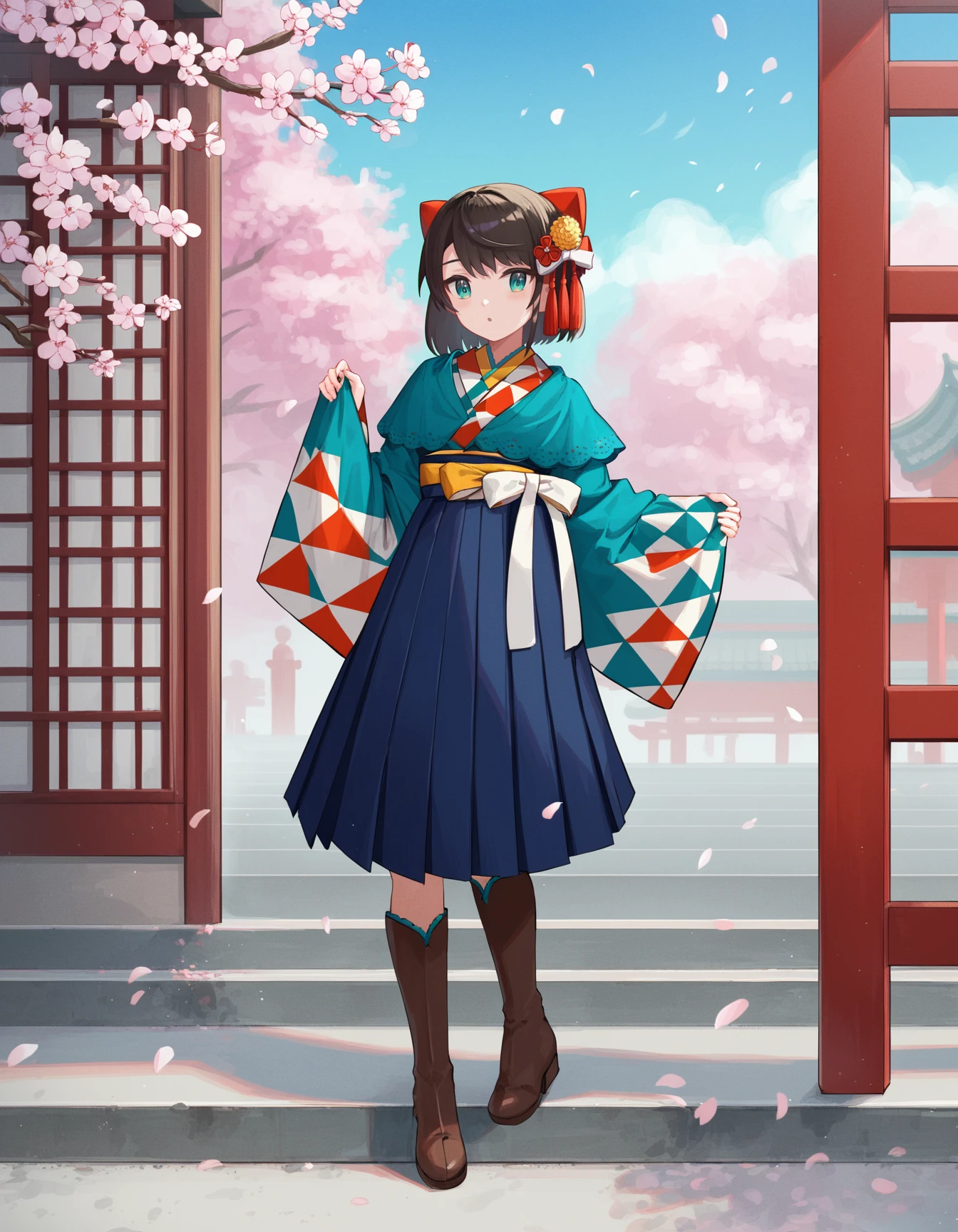 source_anime, score_9, score_8_up, score_7_up,
<lora:oozora_subaru_pony_v1:1>
shubaNewYear, gradient eyes, aqua eyes, japanese clothes, print kimono, uroko \(pattern\), boots, blue capelet, lace-trimmed capelet, brown footwear, high-waist skirt, hakama skirt, blue skirt, (hair tubes), tassel hair ornament, 
1girl, solo, full body, 
cherry blossoms, blue sky, outdoors