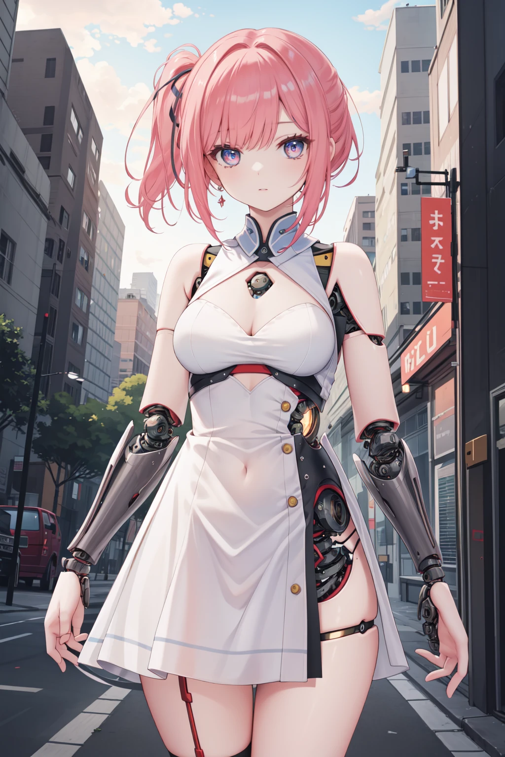 masterpiece,best quality,highres,ultra-detailed,(facing_viewer:1.1),solo,1girl,side ponytail,medium_breasts,solo,standing,outdoors,city,cowboy shot,machine girl,android,(mechanical parts:1.2),joints,<lora:machine_girl:1>,dress,