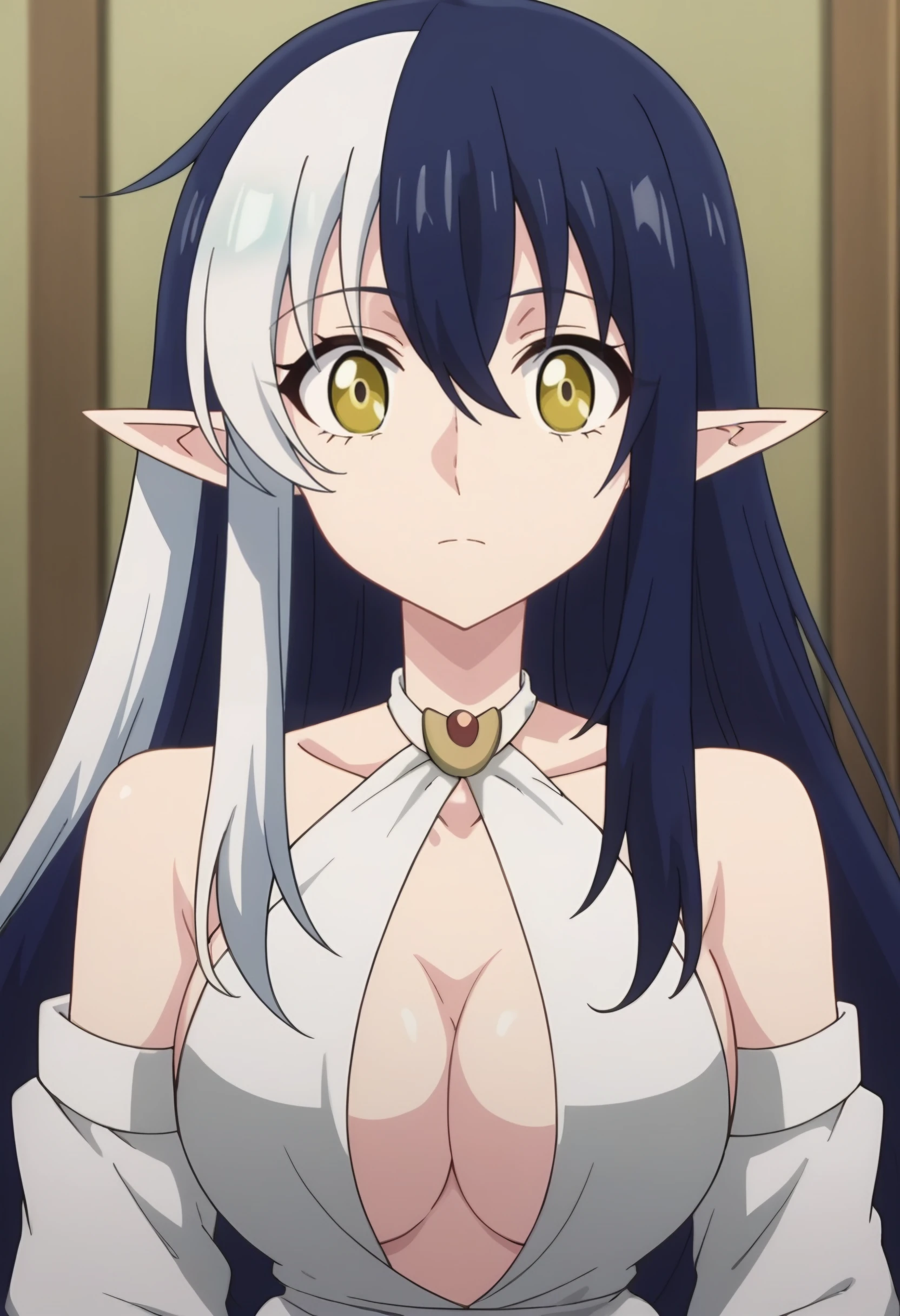 anime art style, 2d, masterpiece, best quality, very aesthetic, absurdres, dynamic shadows, atmosferic, frieren, (1girl), (grey hair), long hair, twintails, pointy ears, green eyes, eyeslashes, detailed eyes, ahoge, bangs, medium breasts, makeup, intense blush, sexy smile, sweat, white dress, belt, choker, strapless, off shoulder, short sleeves, (cowboy shot), (hands pushing breasts up), looking at viewer, from below, standing, wooden wall, window