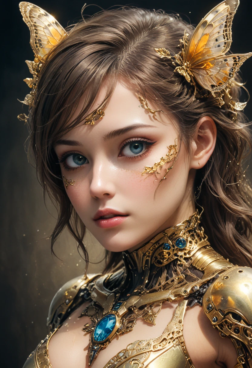 portrait Dakota Fanning, wearing sexy bee corset outfit, against the background of a beehive, 2 0 3 0 s, curly hair, intricate, elegant, highly detailed, digital painting, artstation, concept art, smooth, sharp focus, illustration, art by thomas kindkade, charlie bowater, artgerm, greg rutkowski, alphonse mucha and alexandra fomina, 36k, glittering, shining