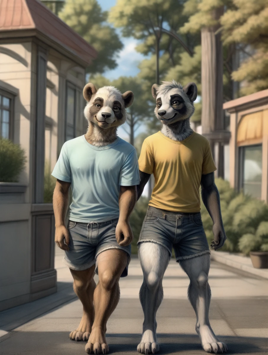 male, (musculat hyena), anthro, (muscular african wild dog), (realistic fur, detailed fur texture:1.2), t-shirt, shorts, detailed background, forrest background, photorealistic, hyper realistic, ultra detailed, full body, five_fingers, seductive smile, market, river, outdoors, hug, duo