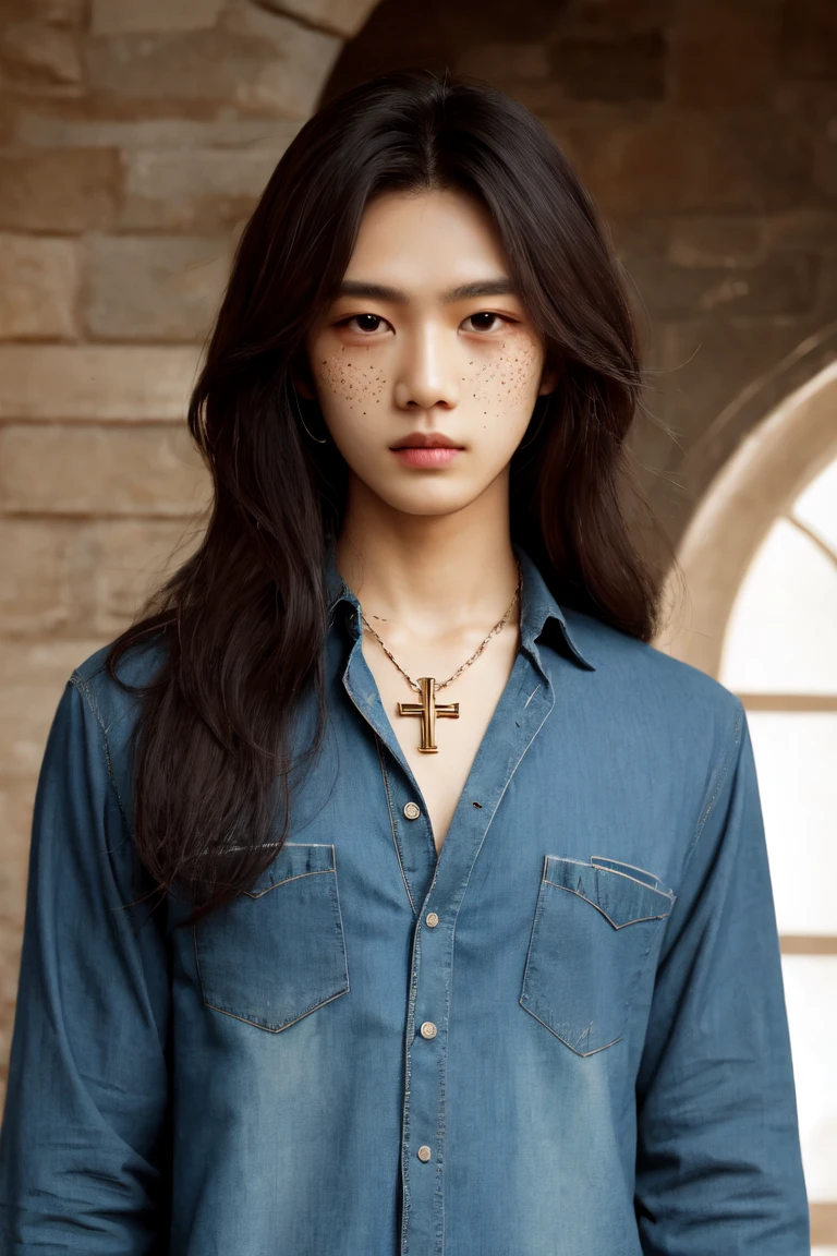 (Absurdres, Absurd Amount of Details, Intricate Details, Masterpiece, Best Quality, High Resolution, 8k),
(1man), (male:1.2), young, square-shaped face with a prominent forehead, finely detailed eyes and face, lean body, sense of humor, tanned skin,
standing with one foot in front of the other, arms bent at the elbow and raised to chest height,
ancient India,
chambray shirt,
purple,
precious,
Latino,
bored,
purple,
dark ash,
cross necklace,
textured crop,
chin curtain,
medieval knight outfit,
Celestial being,
age spots,