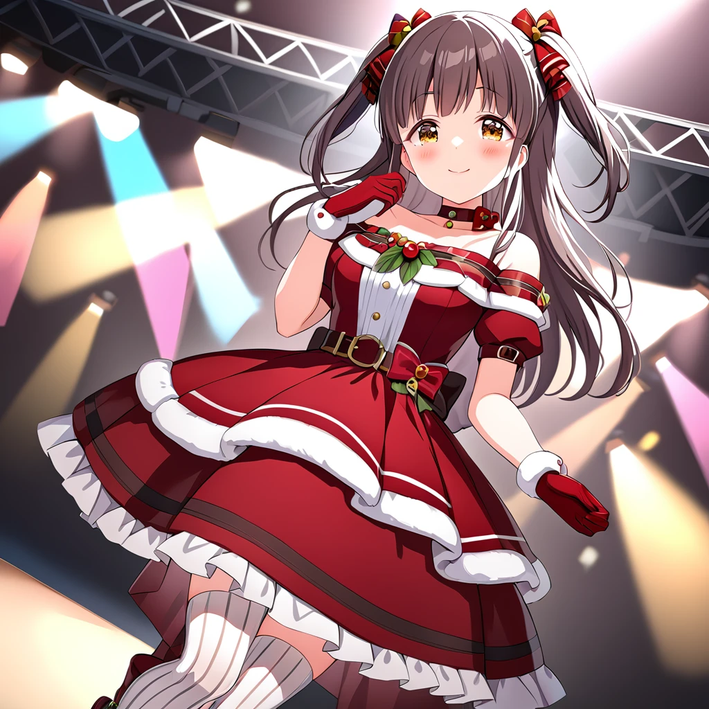 (masterpiece),suzumurayu,1girl,smile,yumas dress,yumas gloves,yumas ankle boots,yu vertical-striped thighhighs,two side up,looking at viewer,blush,solo,<lora:SuzumuraYu:0.8>,on depth of field,on stage,happy_tears,cinematic_angle,