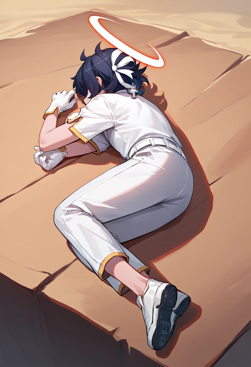 score_9, score_8_up, score_7_up, source_anime, solo, 1girl, htazazel, lying, on side, hair ribbon, white ribbon, halo, white shirt, short sleeves, white gloves, white pants, white belt, cross necklace <lora:meme_yamchapose_ponyXL:1> <lora:helltaker_azazel_ponyXL:1>