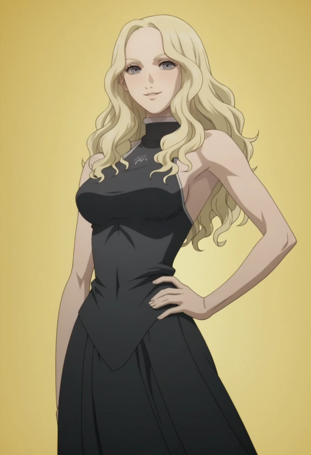 score_9, score_8_up, score_7_up,, BREAK 1girl, teresa,,<lora:teresa:0.8> grey eyes, , wavy hair, anime screencap, hand on hip, dynamic pose, long dress, black dress,