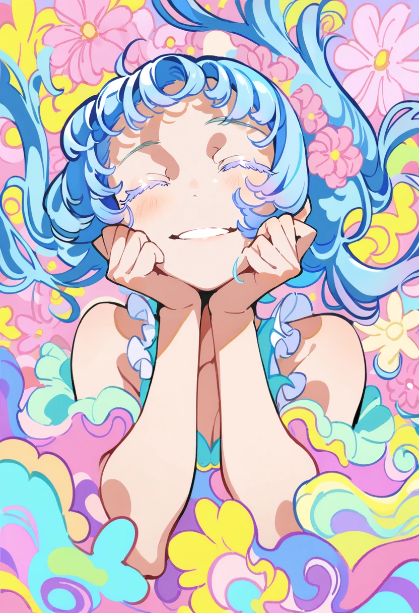 masterpiece, best quality, <lora:yoneyamaiXL_ANI31_lokr_V4302:0.95> 1girl, solo, closed eyes, smile, flower, long hair, dress, eyelashes, upper body, colored eyelashes, bare shoulders, colorful, pink flower, hands on own face, blue hair, parted lips, hands up, floating hair, frills, pastel colors, blush