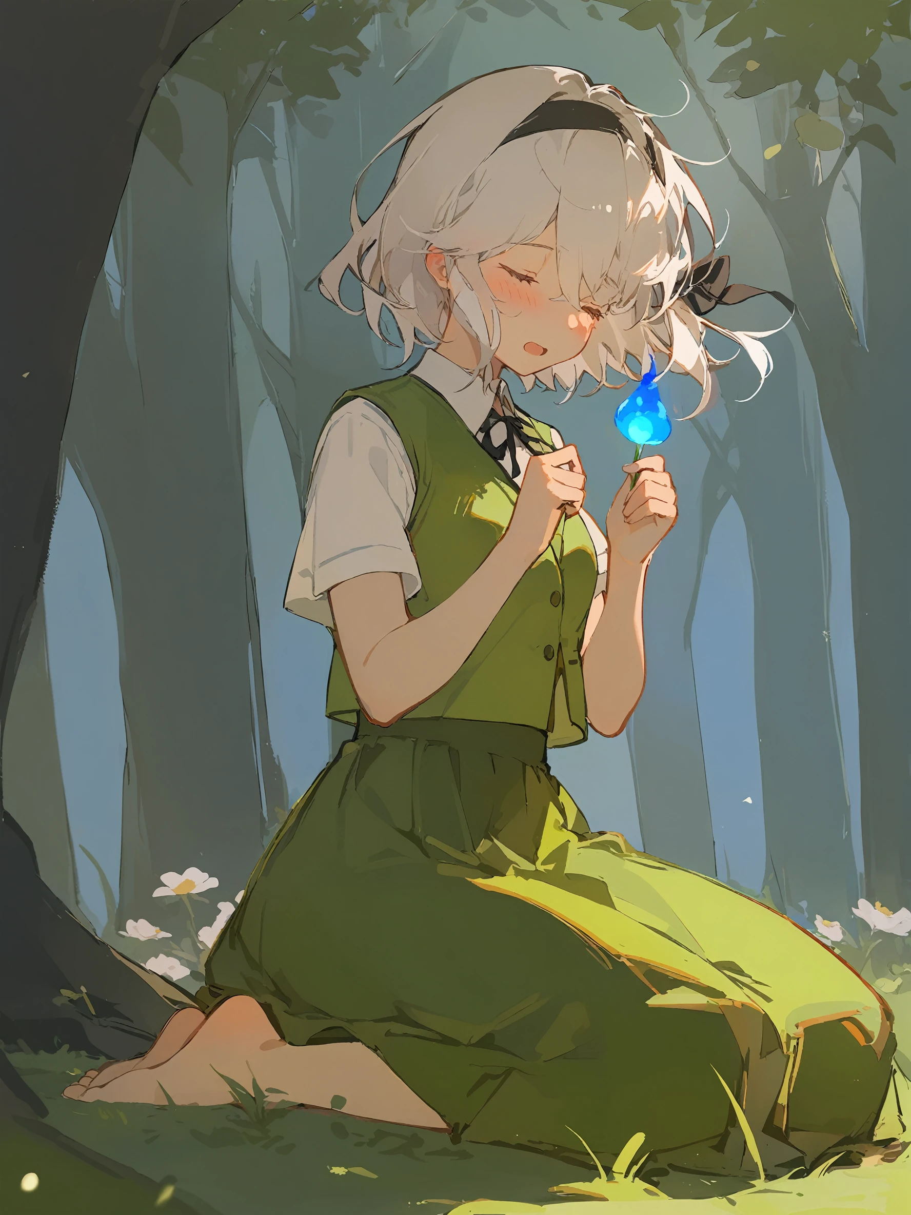 1girl,
solo, outdoors, black ribbon, full body, short sleeves, closed eyes, bare tree, grass, shirt, sitting, holding flower, barefoot, green vest, forest, black hairband, flower, skirt, white shirt, seiza, tree, ribbon, nature, vest, open mouth, hairband, holding, white hair, green skirt, short hair, hair ribbon, blush, hitodama, skirt set,
masterpiece, best quality, safe
<lora:mki-ani31-ahriii-v1-000125:1>