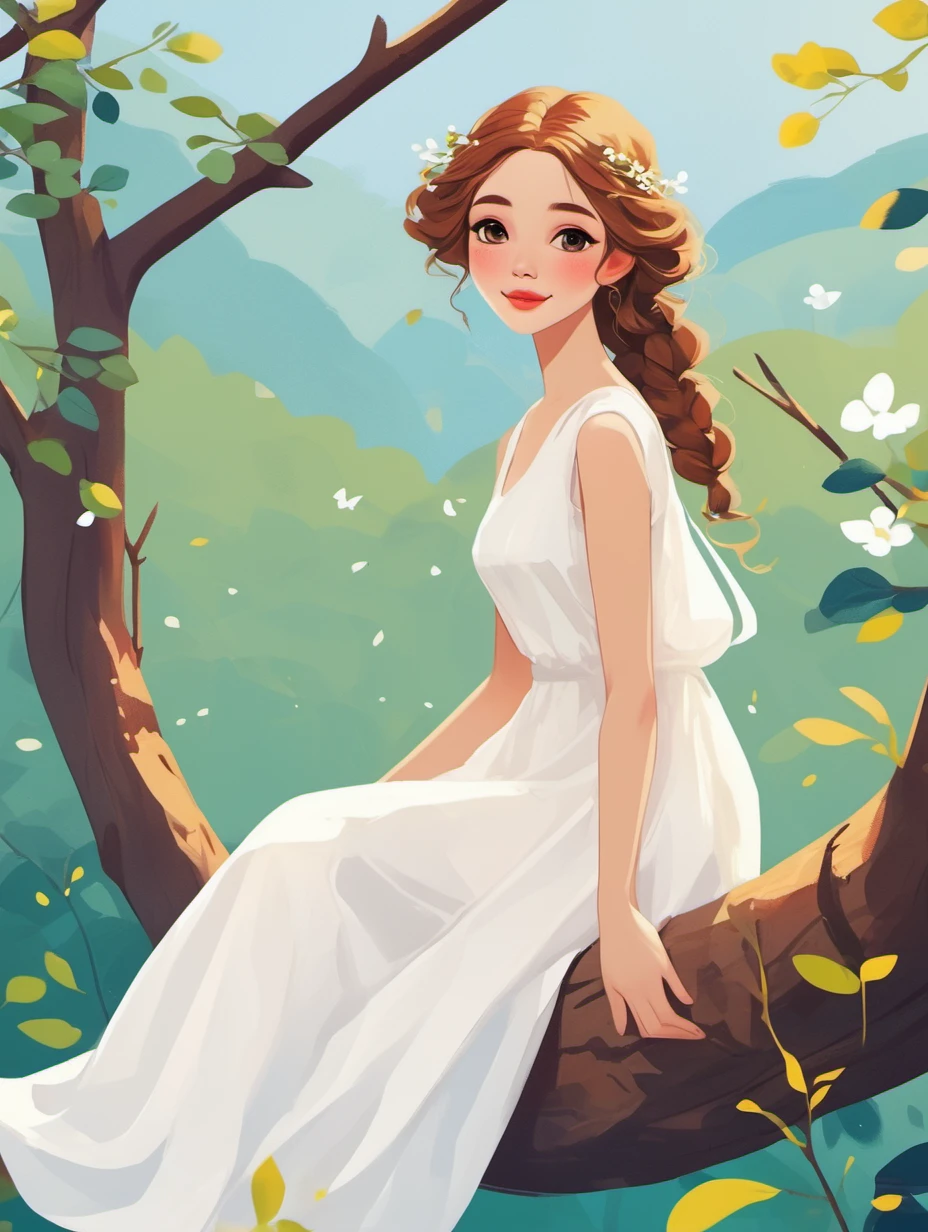 masterpiece,high quality,a lovely girl,wearing a long white dress,sitting on a branch,J_illustration,
