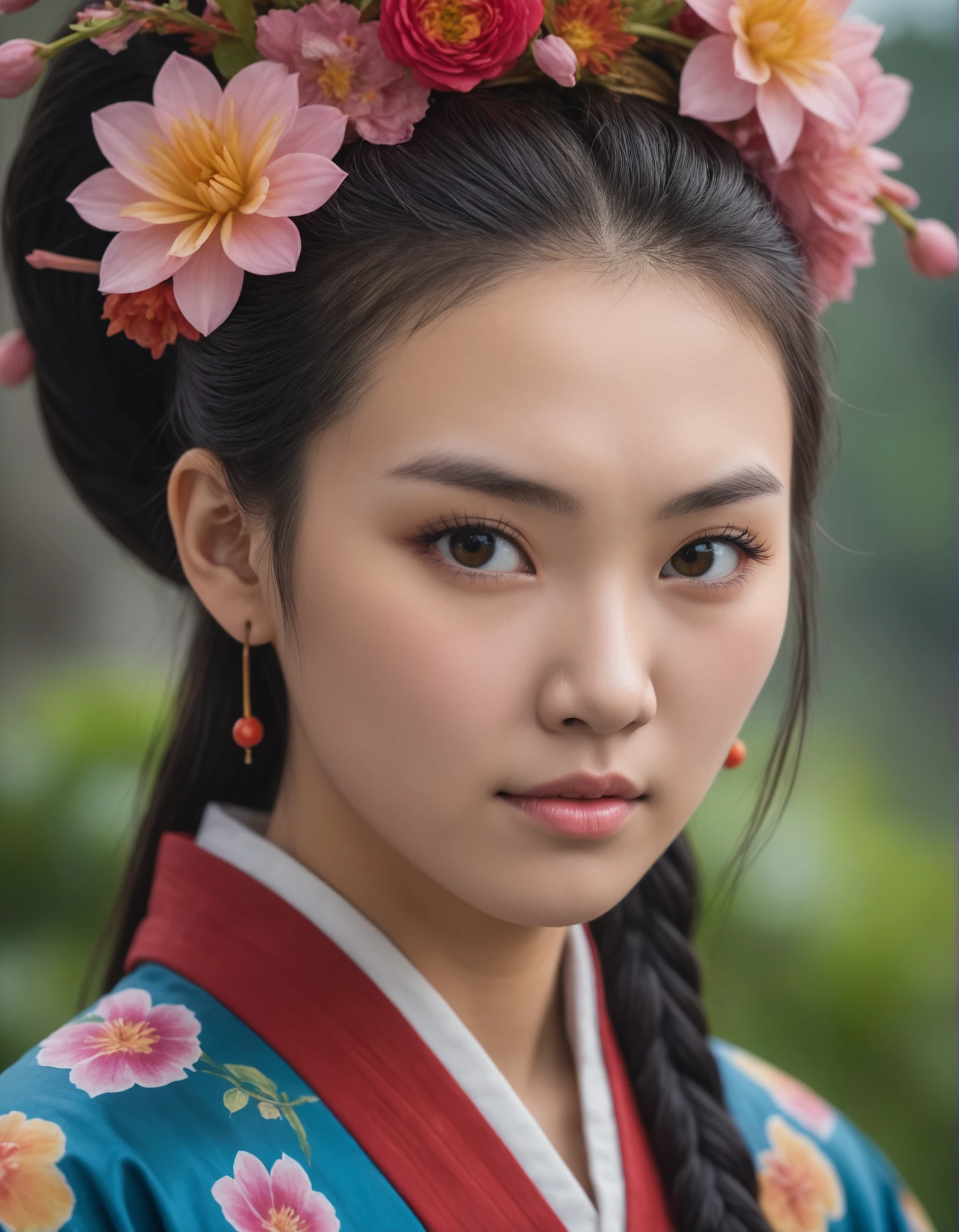 best quality, photograph, a Qin Dynasty mage, womam, 18 years old, Hurricane, Wide view, Nikon d850, 80mm, Floral motives, epic, close up, face, vibrant colors