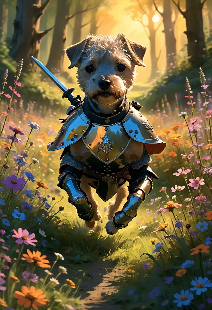 cartoon art of a Border Terrier dog, running through a magical meadow, wearing a knight costume with shining armor, enchanted forest background with glowing flowers and mystical creatures, vibrant and whimsical colors, playful and adventurous expression, detailed and expressive character design, art by Hayao Miyazaki <lora:Border_Terrier_Dog:1>