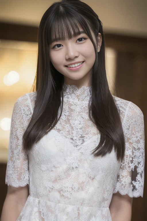 1girl,(RAW photo, best quality), (realistic, photo-realistic:1.4), masterpiece, an extremely delicate and beautiful, extremely detailed, 2k wallpaper, Amazing, finely detail, extremely detailed CG unity 8k wallpaper, ultra-detailed, highres, soft light, beautiful detailed girl, extremely detailed eyes and face, beautiful detailed nose, beautiful detailed eyes,cinematic lighting,perfect anatomy,
(sheer lace dress:1.4), bokeh, (close up:1.2),
looking at viewer, young japanaese idol,(hands behind back:1.2),
(smile:1.4), <lora:hiratsukasae_lora_01:0.9>