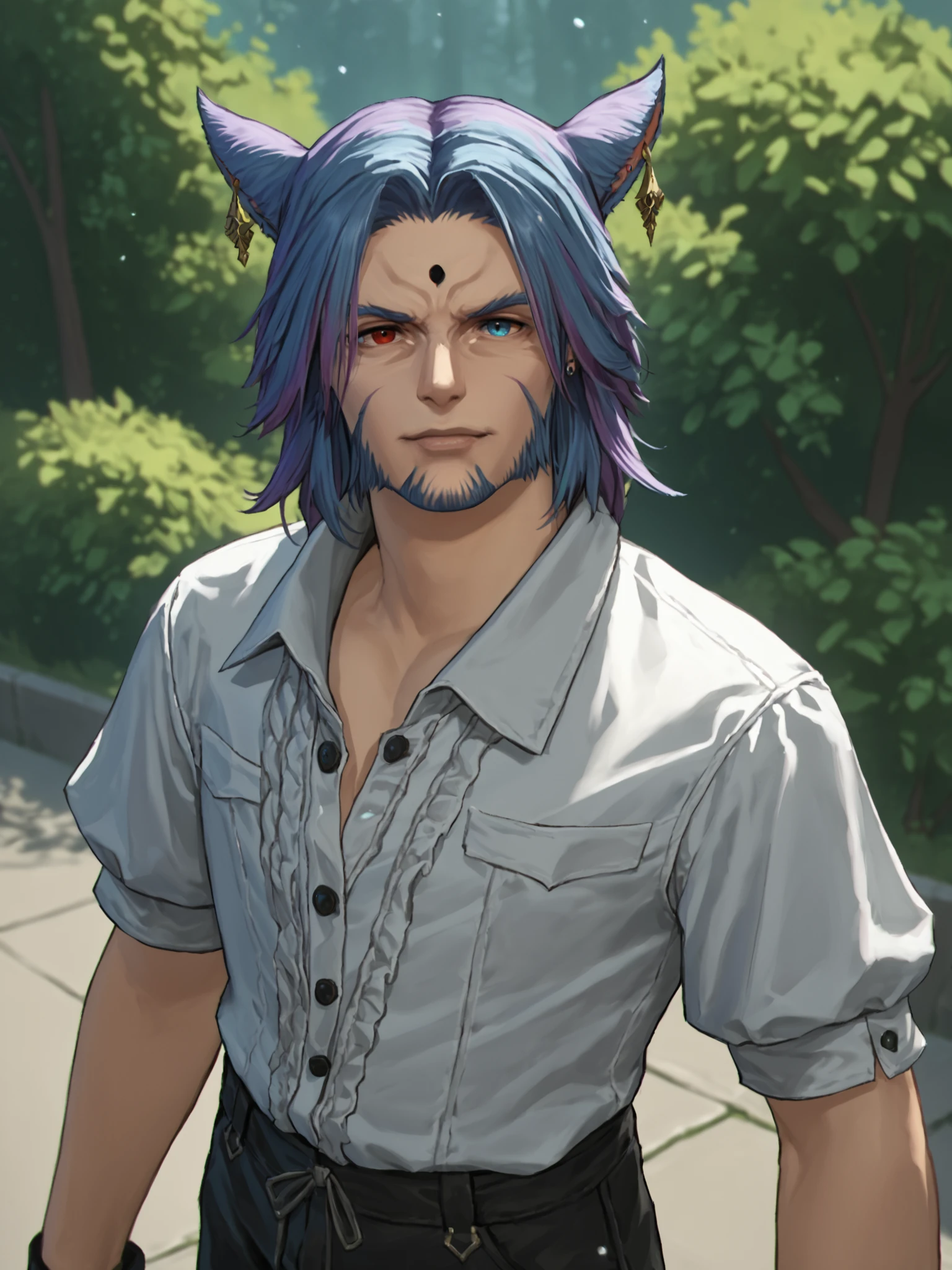 Khit'li L'ocar, 1boy, male focus, heterochromia, red eyes , blue eyes, facial hair, stubble, beard, multicolored hair, blue hair, purple hair, closed mouth, miqote, earrings, jewelry, white shirt, black pants, looking at viewer, outdoors, portrait, BREAK PonyXLV6_Scores , <lora:KhitliMoonKeeperPonyXL:0.8>