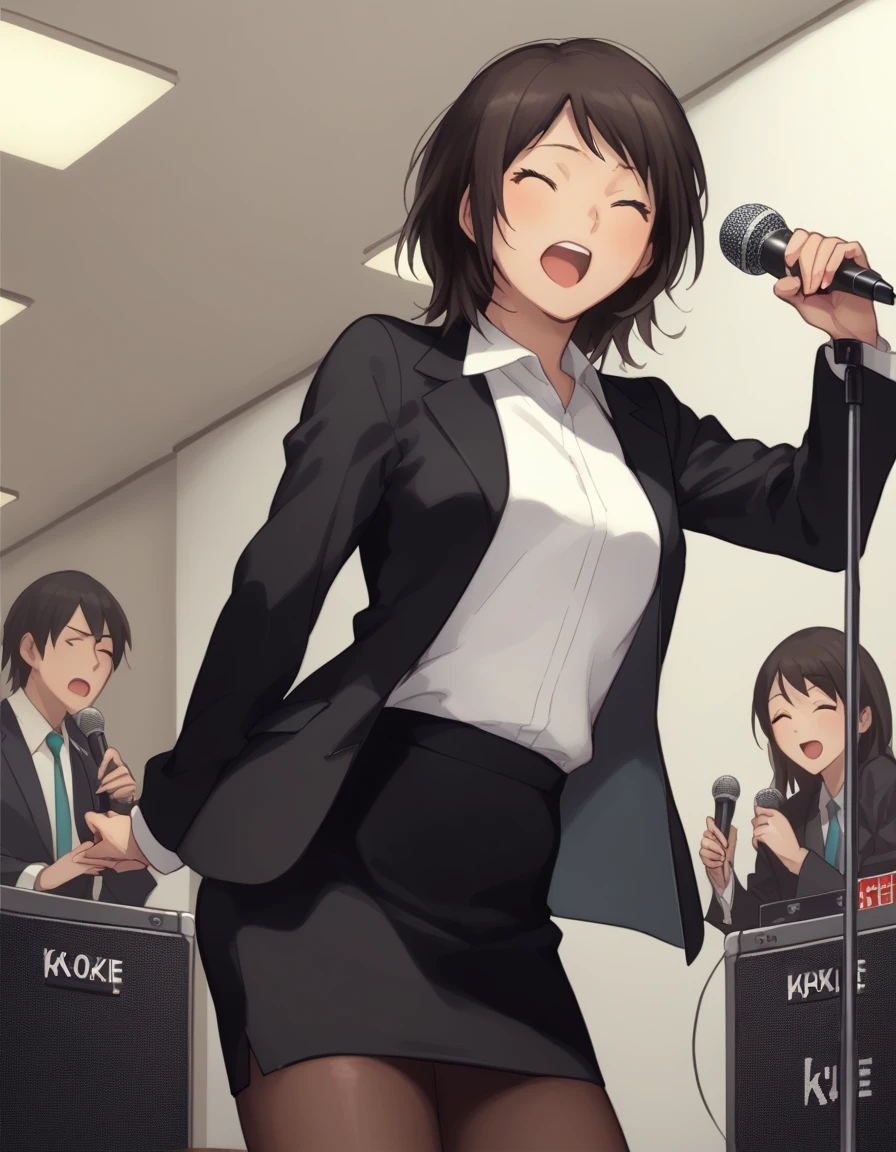 score_9,  score_8_up, score_7_up, source_anime <lora:takahashi-maya-ponyxl-000035:1> takahashi maya, skirt suit, black jacket, white shirt, pencil skirt, pantyhose,
singing, holding microphone stand,  closed eyes, karaoke box