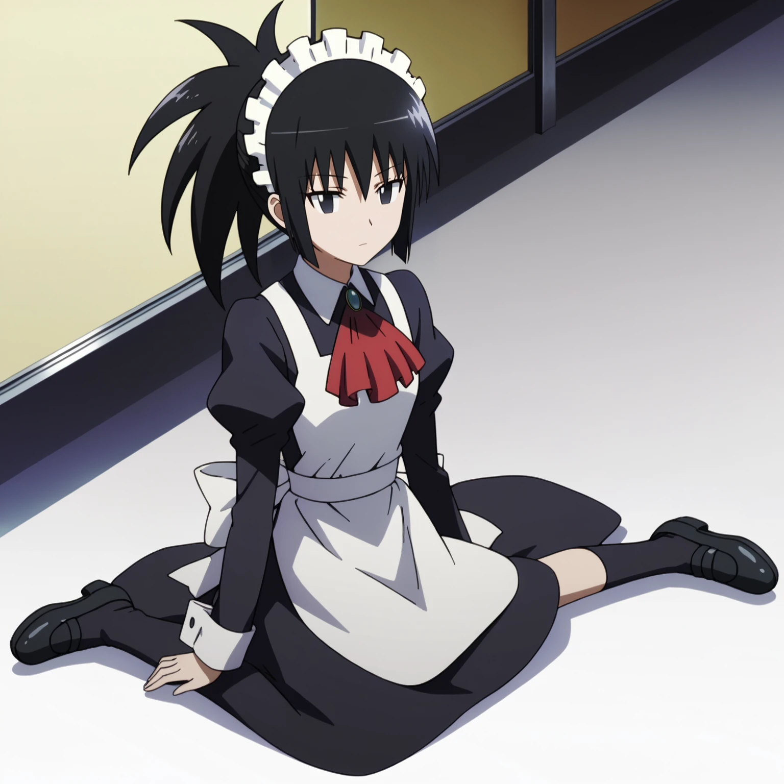 <lora:SayakaDejimaXLpony002>,
solo,
SayakaDejima,1girl,black hair,ponytail,black eyes,
maid_headdress,long_dress,red ascot,long_sleeves,apron,
full body,sitting,