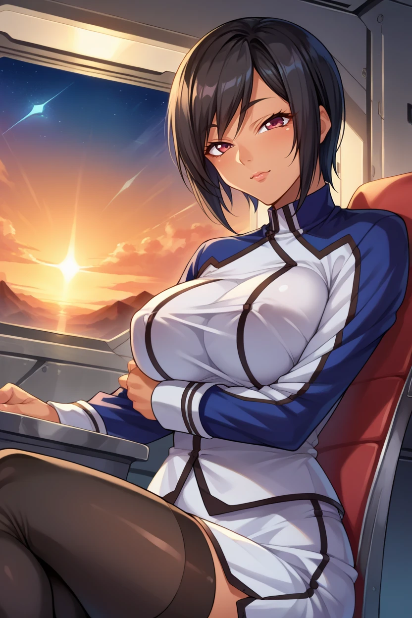 score_9, score_8_up, score_7_up, score_6_up, source_anime, BREAK 1girl, solo,  <lora:naomievans-pdxl-nvwls-v1-000005:1> pbNaomi, tan, black hair, blue and white uniform, long sleeves, white skirt, large breasts, black thighhighs, big breasts, space station, indoors, sitting, chair, looking at you, light smile