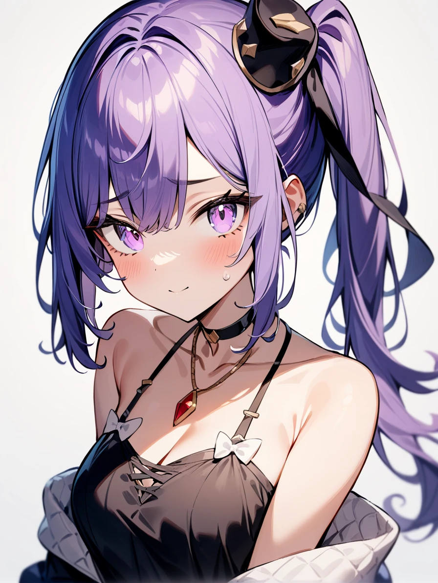 create a character with tied hair and her hair color is black with two purple streaks, her right eye is light purple and the other is black.