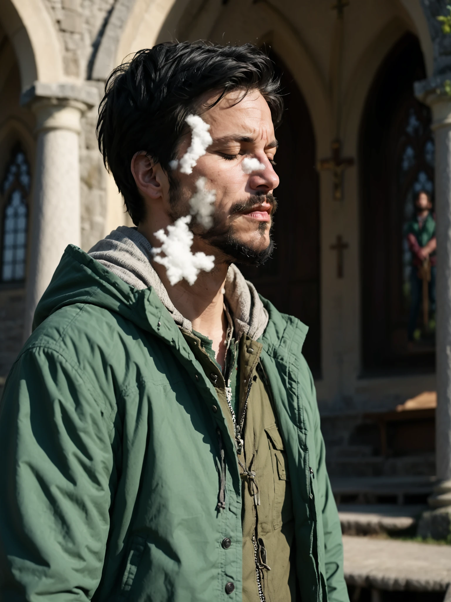 1boy, male focus, mcudpstyle, beard, black hair, closed eyes, facial hair, gloves, green jacket, hood, male focus,  outdoors, shirt, solo, standing outside a church on sunday, happy accidents, natural lighting, soft dof, cinematic scene, hyperrealistic <lora:MCU-DeadpoolMovieStyle:0.8>