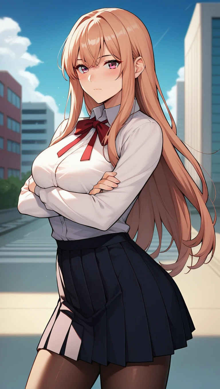score_9, score_8_up, score_7_up, score_6_up, score_5_up, score_4_up, source_anime, wallpaper, BREAK
moblee, 1girl, solo, curvy, sexy,
cowboy shot, looking at viewer, crossed arms, dinamic pose,
long hair, bangs, orange hair, pink eyes, straight hair, expressionless, closed mouth, blush,
white shirt, long sleeves, lace ribbon, red ribbon, skirt, pleated skirt, black skirt, pantyhose, Outdoors, city, blue sky, cloud,
masterpiece, best quality, extremely detailed,
<lora:LeeDahye_PonyXL_v1:1>