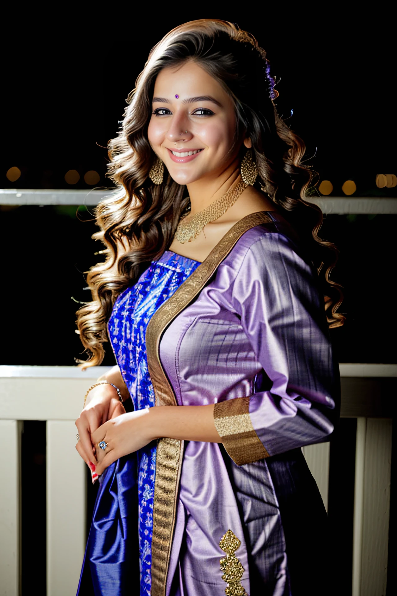 photo of a pryl woman, wearing conservative intricate Mauve ethnic clothing, solo, smiling night time, city lights  in background bokeh, cinematic lighting,     <lora:pryl_Priyal_Gor_SD15_LoRA_prodigy_local_regs_HNepochs-000015:1>