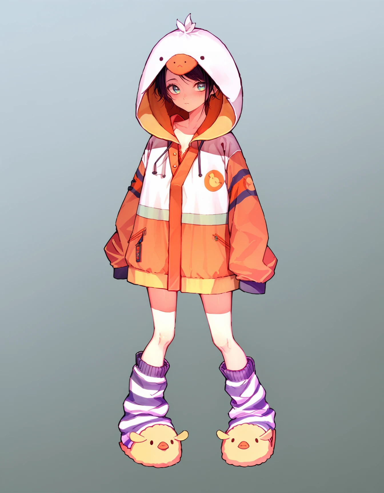 source_anime, score_9, score_8_up, score_7_up,
<lora:oozora_subaru_pony_v1:1>
shubaLounge, gradient eyes, aqua eyes, hoodie, animal hood, hood up, multicolored hoodie, striped socks, loose socks, duck slippers, 
1girl, solo, gradient background, full body, standing