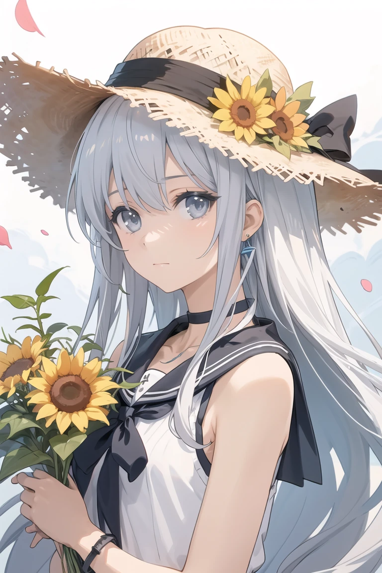 (masterpiece),best quality,portrait,upper_body,three-quarter view,anime screencap,anime coloring,anime style,1girl,lineart,monochrome,hat,flower,greyscale,sunflower,solo,long hair,dress,looking at viewer,straw hat,jewelry,petals,hand on headwear,holding,bracelet,transparent background,ribbon,sailor dress,holding flower,sailor collar,choker,bangs,very long hair,necklace,closed mouth,sleeveless,sun hat,bouquet,