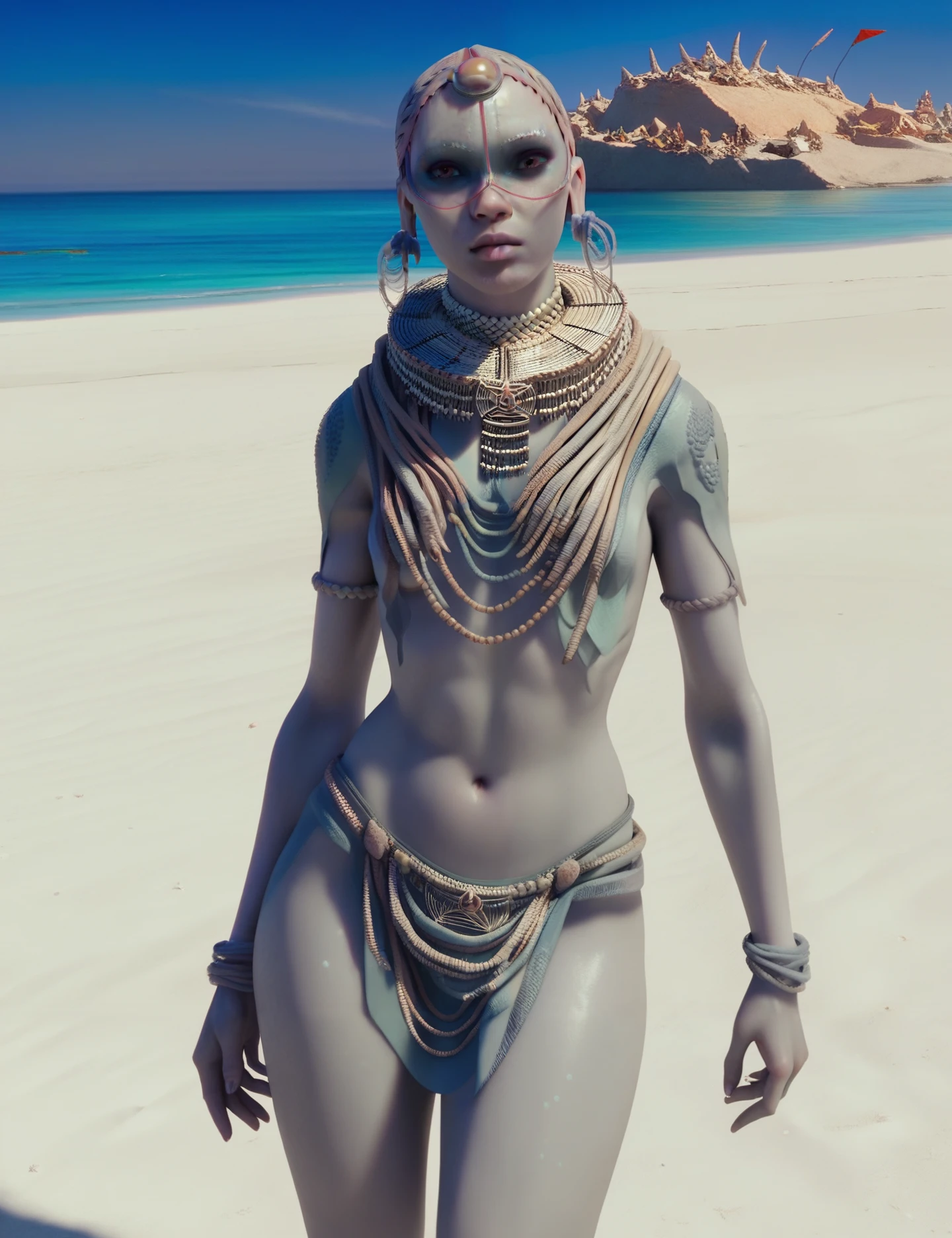 <lora:Pearl_people_Valerian_and_the_city_of_a_thousand_planets:1> pearl_people, Empress_Aloi, looking at the  viewer, solo, gray skin, iridescent scaled skin, sharp focus, beach, thighs exposed, big tits, loincloth, score_9, score_8_up, score_7_up, score_6_up, score_5_up, score_4_up, Closed Mouth, closed lips