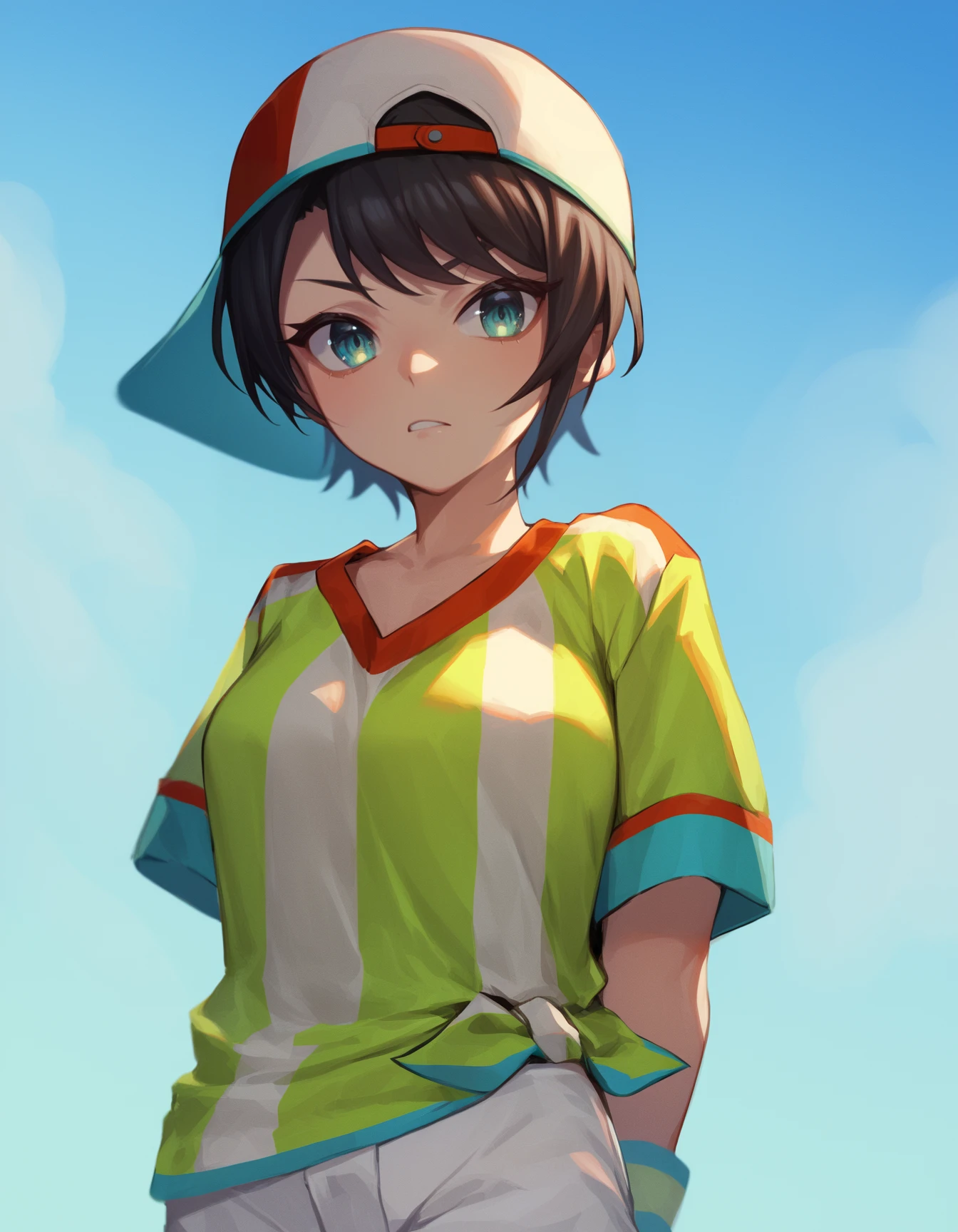 source_anime, score_9, score_8_up, score_7_up,
<lora:oozora_subaru_pony_v1:1>
shubaFirst, gradient eyes, aqua eyes, black hair, swept bangs, loose shirt, jersey, vertical-striped shirt, tied shirt, sideways hat, white shorts, wristband
1girl, solo, upper body, looking at viewer, arms behind back, 
blue sky, outdoors