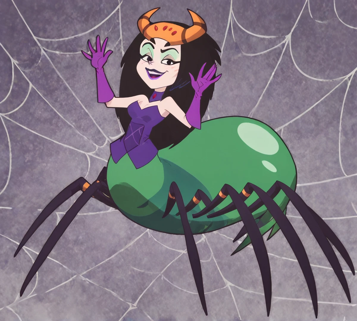 Velma Green, zPDXL, best quality, amazing quality, score 9, 1girl, smile, waving, looking at viewer, full body, arachne, <lora:Velma_Green:0.8>