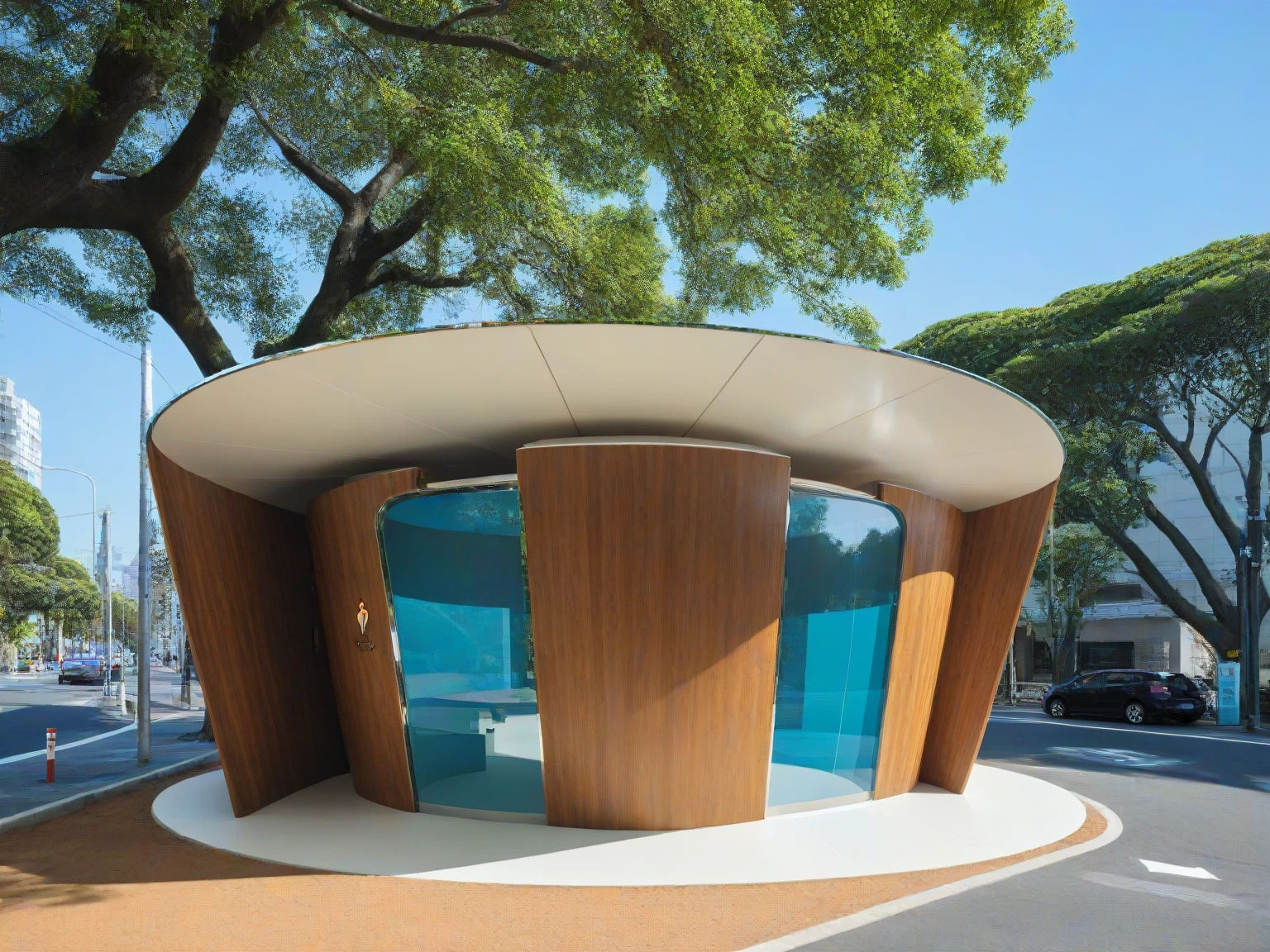 <lora:JJsPublicToilet_XL:1>, masterpiece , best quality, ((Public Toilet)), outdoors, sky, day, tree, blue sky, ground vehicle, building, scenery, motor vehicle, walking, city, car, road, lamppost, street, real world location, highly detailed, curvy, wood, glass, canopy,