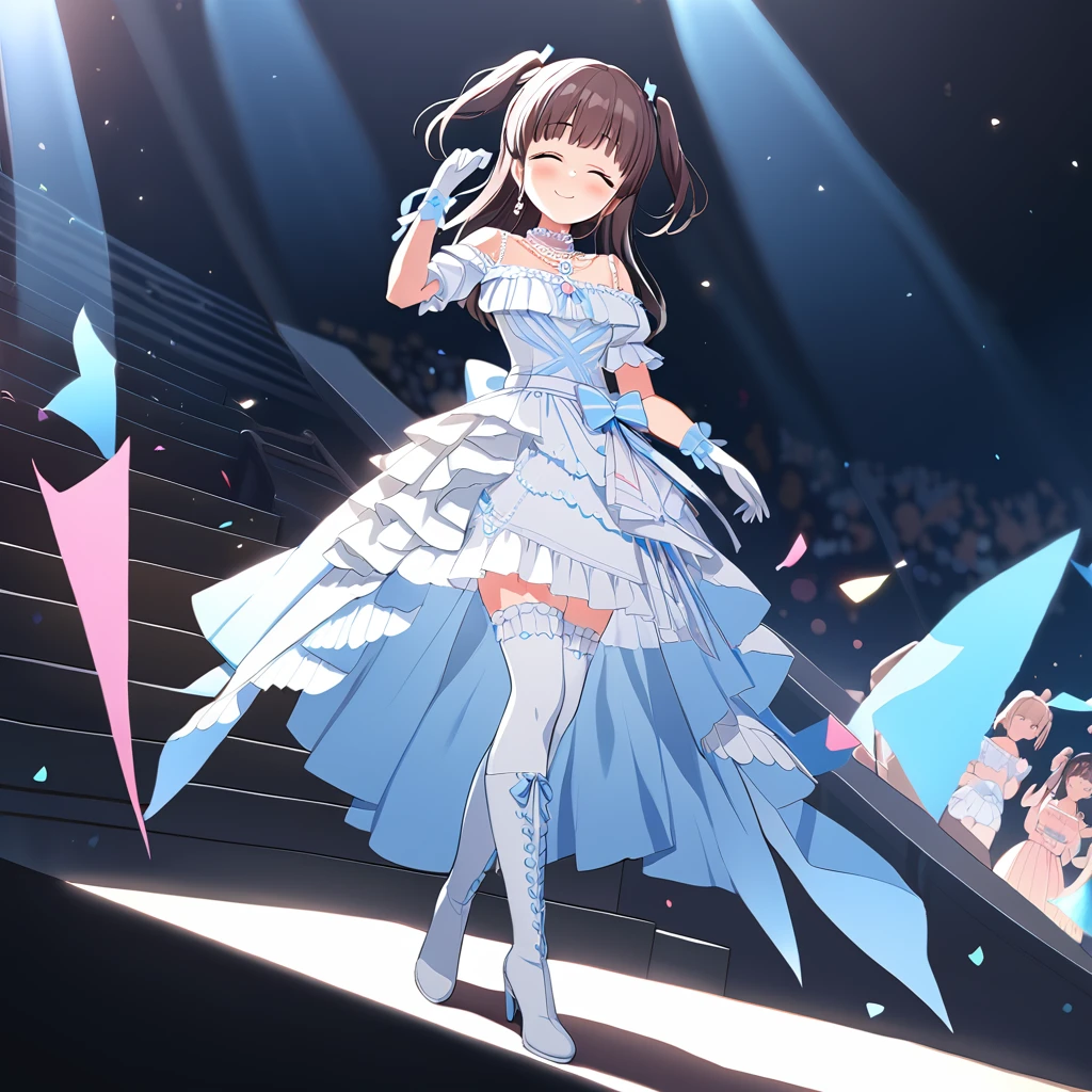 (masterpiece),suzumurayu,1girl,solo,smile,ti off-shoulder dress,ti gloves,ti thighhigh boots,two side up,pearl necklace,closed eyes,full body,closed mouth,blush,standing,hand up,<lora:SuzumuraYu:0.8>,on depth of field,on stage,cinematic_angle,