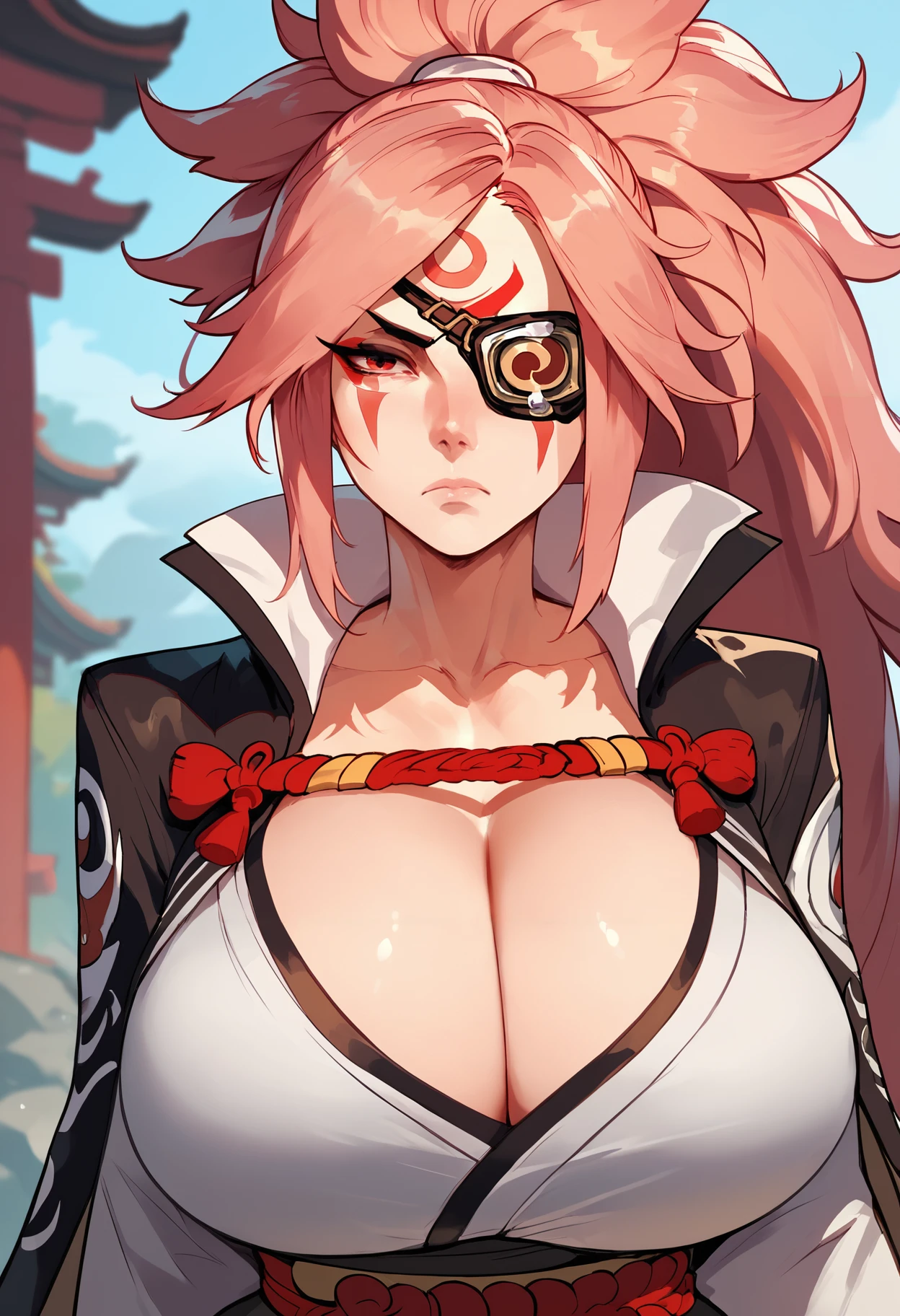 (Masterpiece:1.3),(Very detailed:1.3),(high resolution:1.1),Best Quality,ultra-detail,1 girl,Alone,jelobaiken,Breasts enormes,Amputated,amputee,one arm,eye patch,eye patch,one-eyed,black jacket,black kimono,open clothing,japanese clothes,Wad of bills,Breasts, Breasts, huge breats, pink hair, pink fur, sexy, socks, stockings, hood, hood, pussy, NSFW, +18