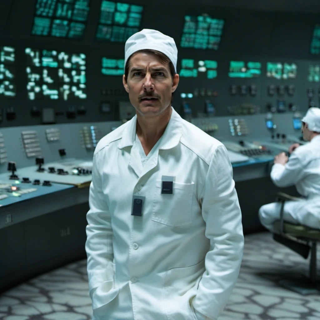 cinematic photo a tom cruise with a moustache in a white uniform in a nuclear powerplant control room <lora:Technician1024:0.8> . 35mm photograph, film, bokeh, professional, 4k, highly detailed