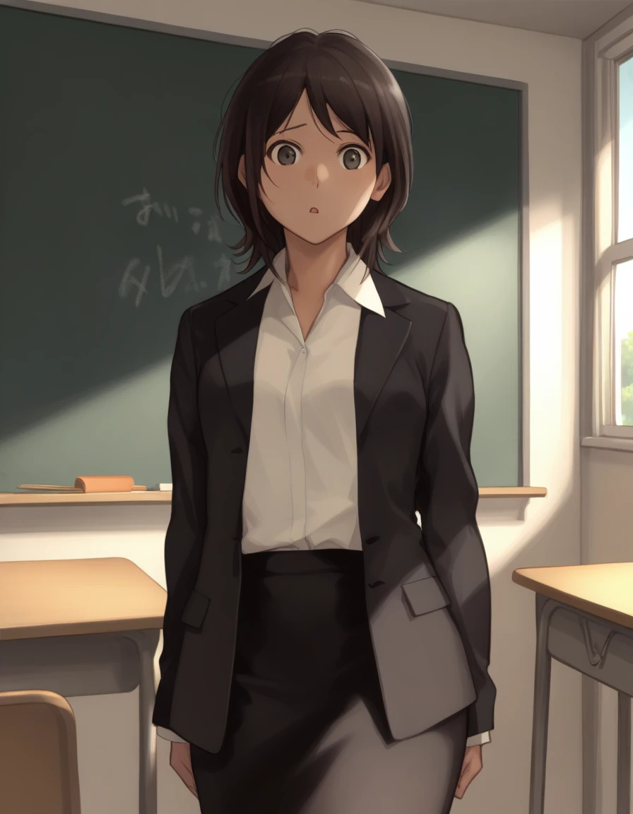 score_9,  score_8_up, score_7_up <lora:takahashi-maya-ponyxl-000035:1> takahashi maya, skirt suit, black jacket, white shirt, pencil skirt, pantyhose,
girl stands in front of a classroom, chalkboard, teachers desk, apple on desk, looking at viewer, looking over shoulder, surprised look on face