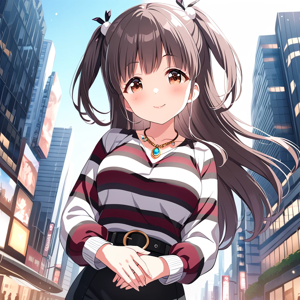 (masterpiece),suzumurayu,1girl,blush,yucasual striped shirt,smile,yucasual pencil skirt,yucasual pendant,yucasual hair ornament,two side up,yucasual belt,own hands together,looking at viewer,solo,cowboy shot,closed mouth,<lora:SuzumuraYu:0.8>,on depth of field,city,cinematic_angle,