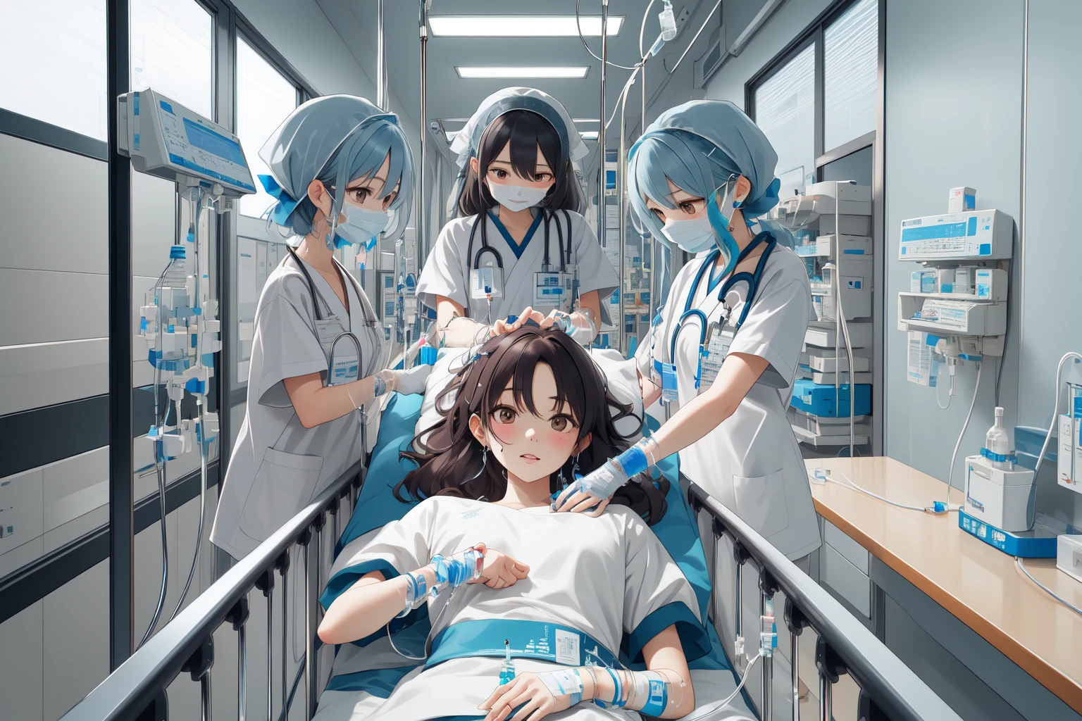 (RAW photo, best quality), 3girls,
closeup, multiple girls, intravenous drip,
patient_on_gurney, <lora:concept_patient_on_gurney_v3_1-000003:1>,