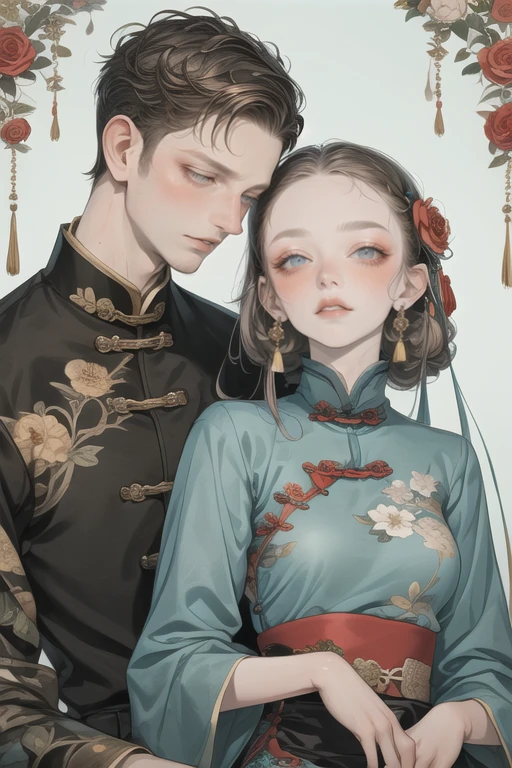 (masterpiece,best quality),  <lora:ttniji:1>,ttniji,1boy and 1girl,chinese clothes, flower, parted lips, upper body,  <lora:add_detail-2-2:0.5>,light particles, film grain, grey eyes,looking at another, couple, <lora:Photo texture adjuster-1.5-1.5:1>