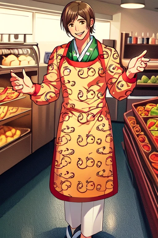 (masterpiece),(best_quality),clog sandals,1boy,Kannon,puffy sleeves,apron,red trim,mouse print,red trim,green kimono,smile,<lora:Kannon:1>,