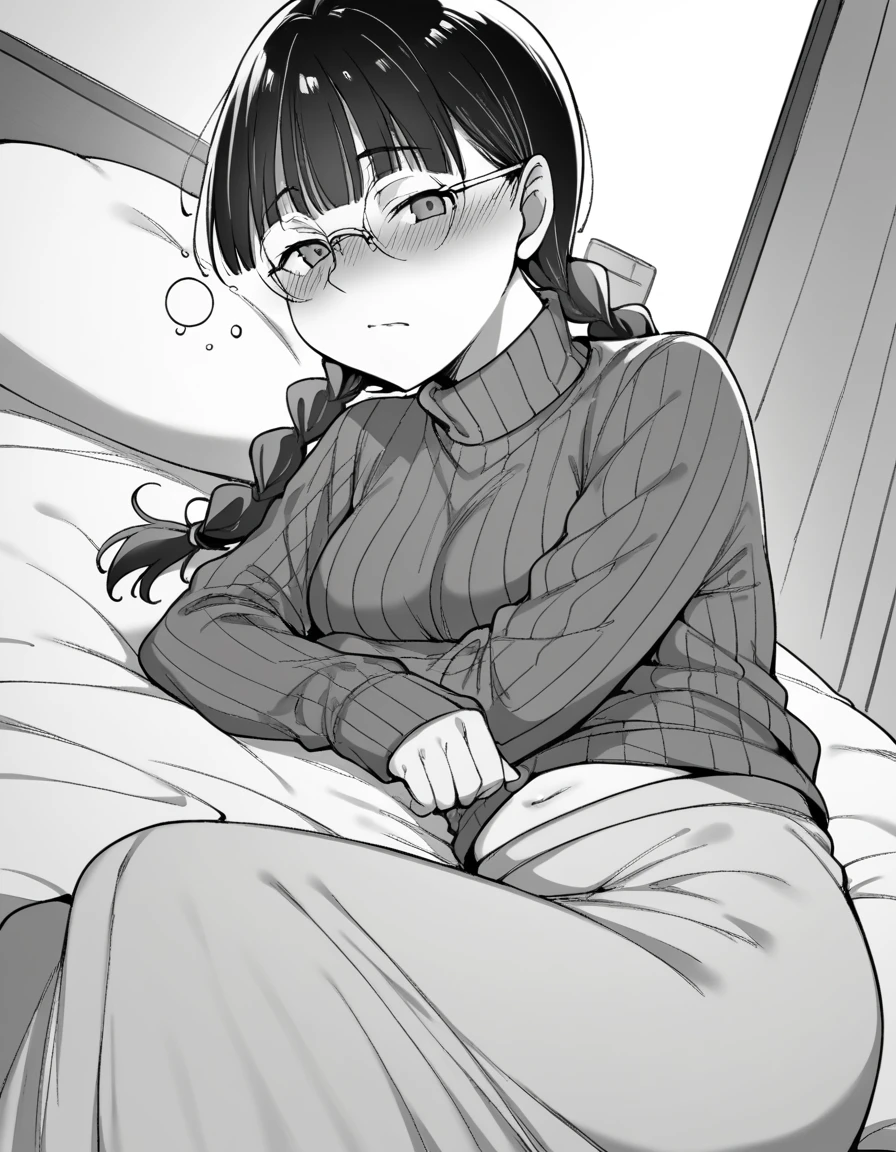 score_9, score_8_superior, score_7_superior, sauce_anime,
ringoyamiyoshi, miyoshi, Long Hair, bangs, Braiding, Glasses, twin Braidings, Monochrome, grayscale,
Long sleeve, belly button, sweater, turtleneck, turtleneck sweater, skirt, long skirt,
indoor, bed, bed room, ~ side, blush, Drunk,
View your viewers, alone, Dutch Angle, Cowboy Shot,